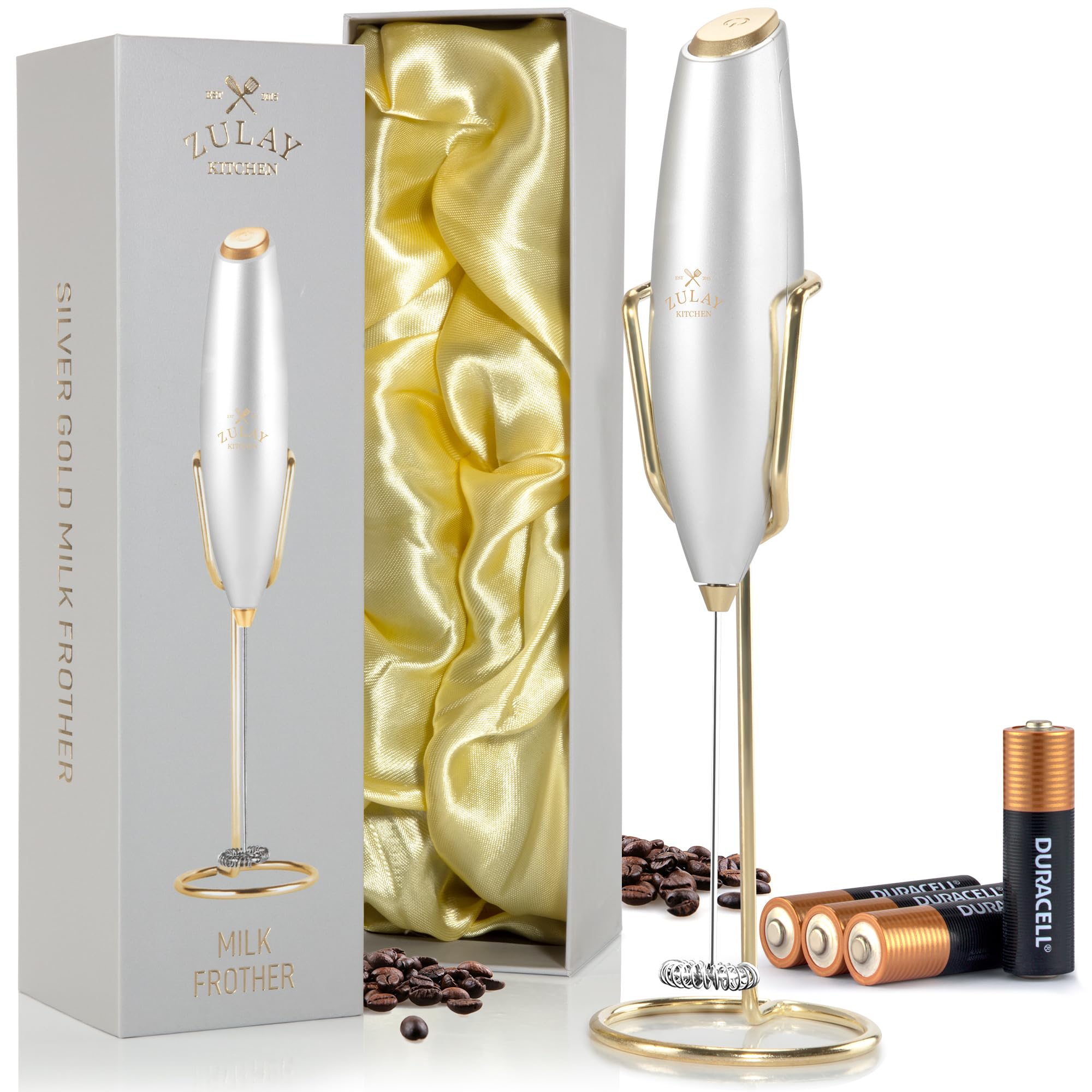 Zulay Kitchen Powerful Milk Frother Wand With Duracell Batteries - Ultra Fast Handheld Drink Mixer - Electric Whisk Foam Maker for Coffee, Lattes, Cappuccino &amp; Matcha - Z1 Motor - Exec Silver Gold