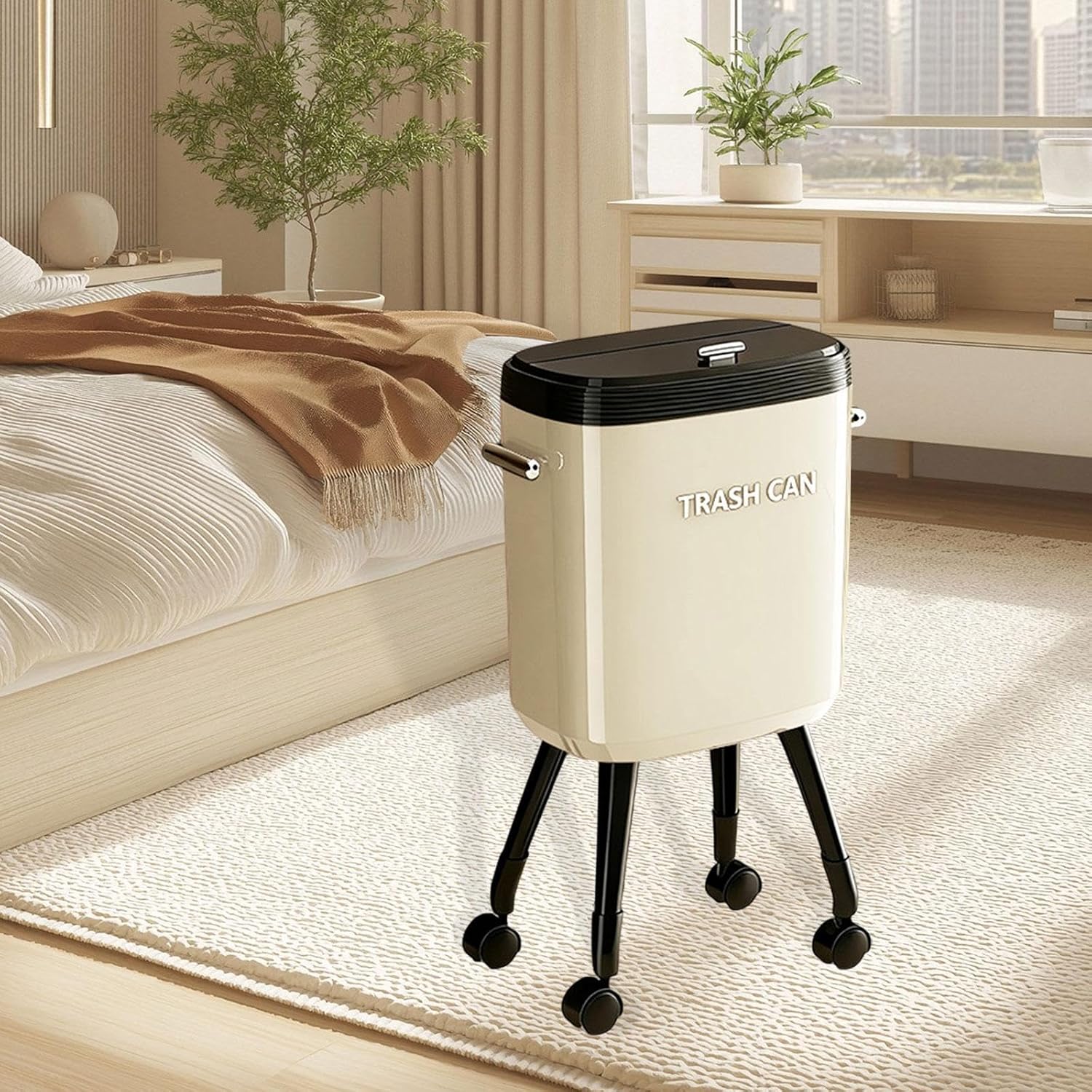 Garbage Can with Legs Dustbin High Foot 15L Large Capacity Household No Bending Wastebasket for Office Bedroom Kitchen Toilet, White with Caster