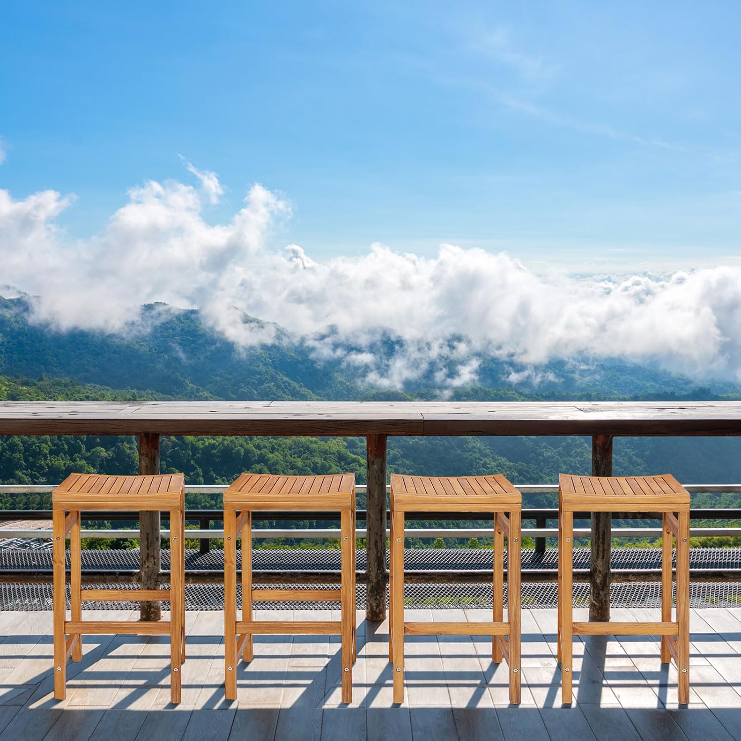 Tangkula Acacia Wood Bar Stool Set of 2, 30-Inch Height Bar Chair with Saddle Shaped Seat & Sturdy Footrest, Patio Furniture Chair Set, with 400 LBS Capacity, for Porch, Poolside, Balcony (2)