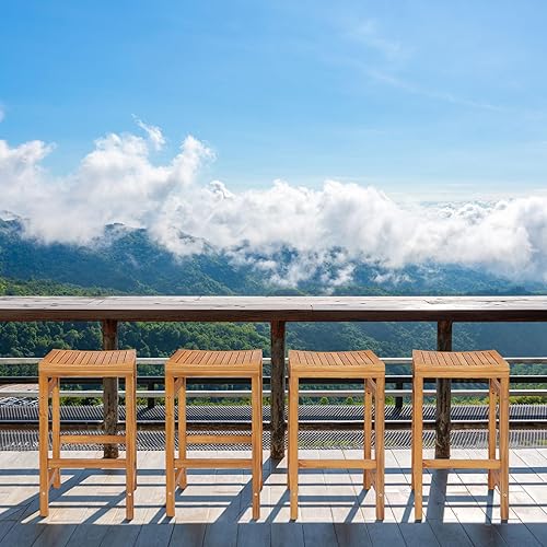 Miniatura 8 de Tangkula Juego de 2 taburetes de bar de madera de acacia, sillas de bar de 30 pulgadas de altura con asiento en forma de silla y reposapiés