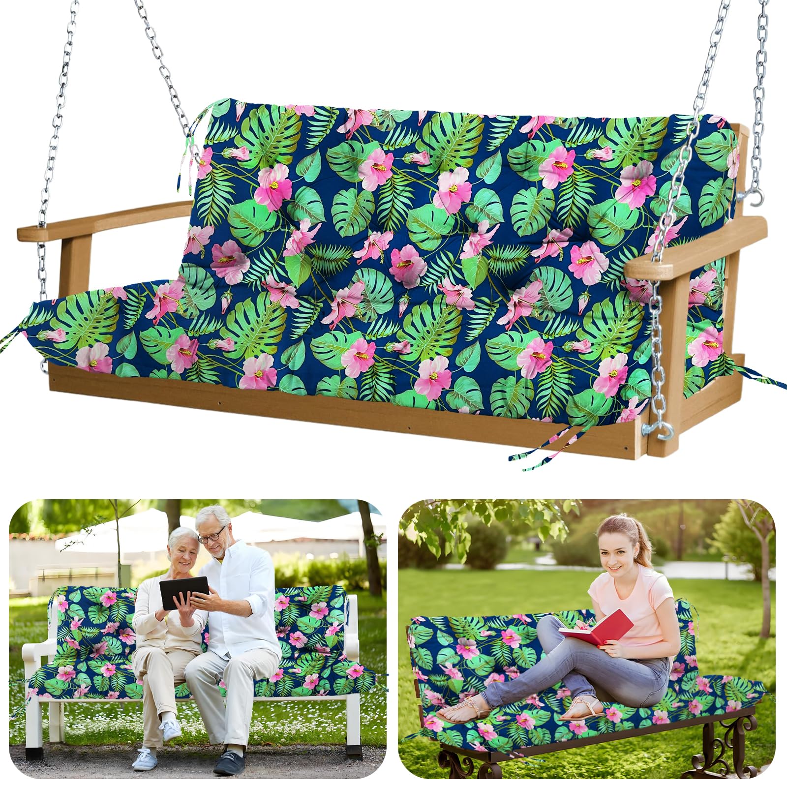 GZXAGZJ Porch Swing Cushions Outdoor 60 inch Waterproof Thicken 5" Swing Cushions Replacement with Backrest and Ties for Outdoor Furniture Porch Patio Garden Lawn (Rainforest Pattern)