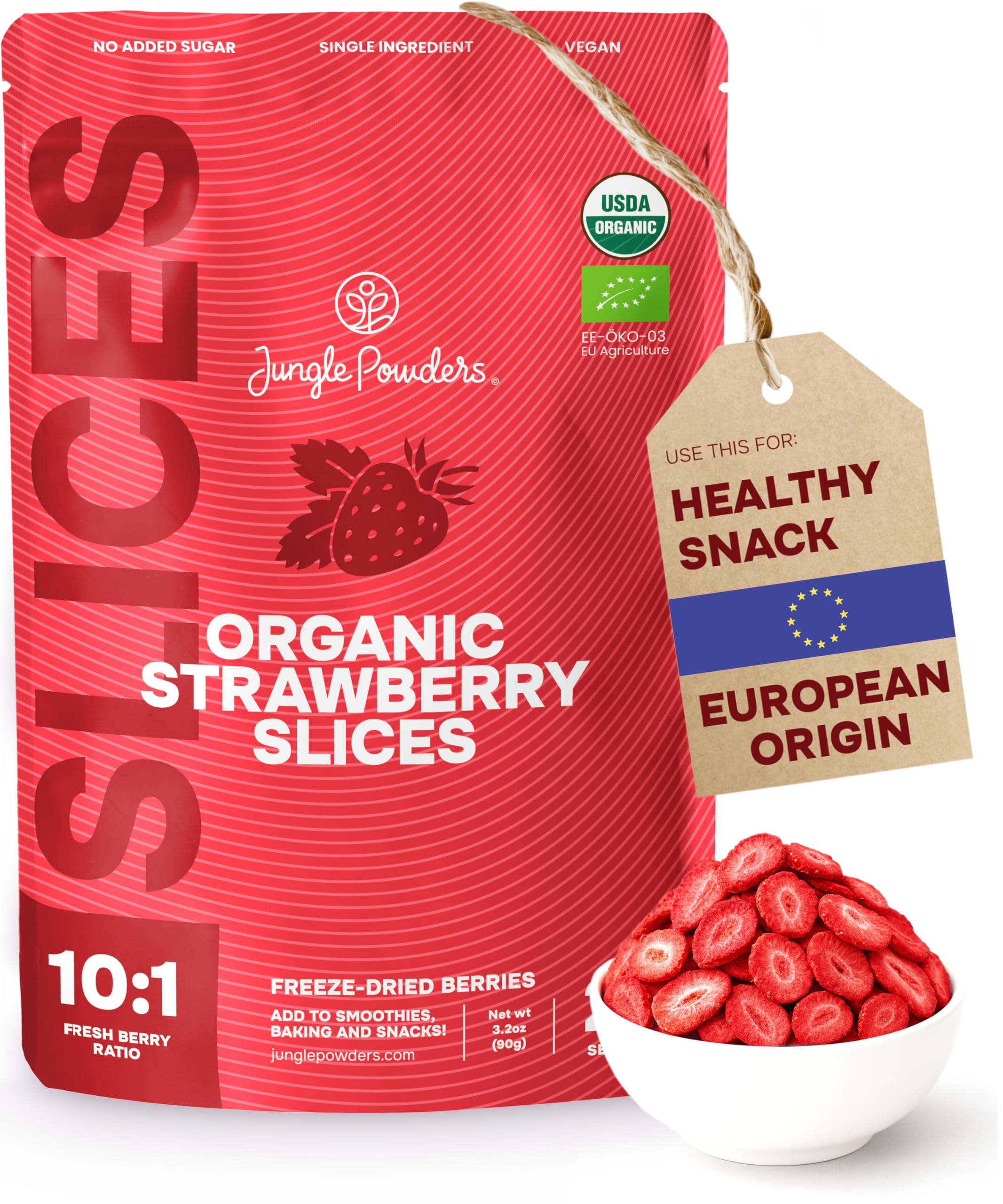 Jungle Powders Freeze Dried Strawberries Organic USDA Certified Strawberry Slices 3.2 Ounce Bag Premium Dry Fruit Healthy Snacks for Kids - Non-GMO, Vegan Keto No Sugar Added Gluten Free Office Snacks