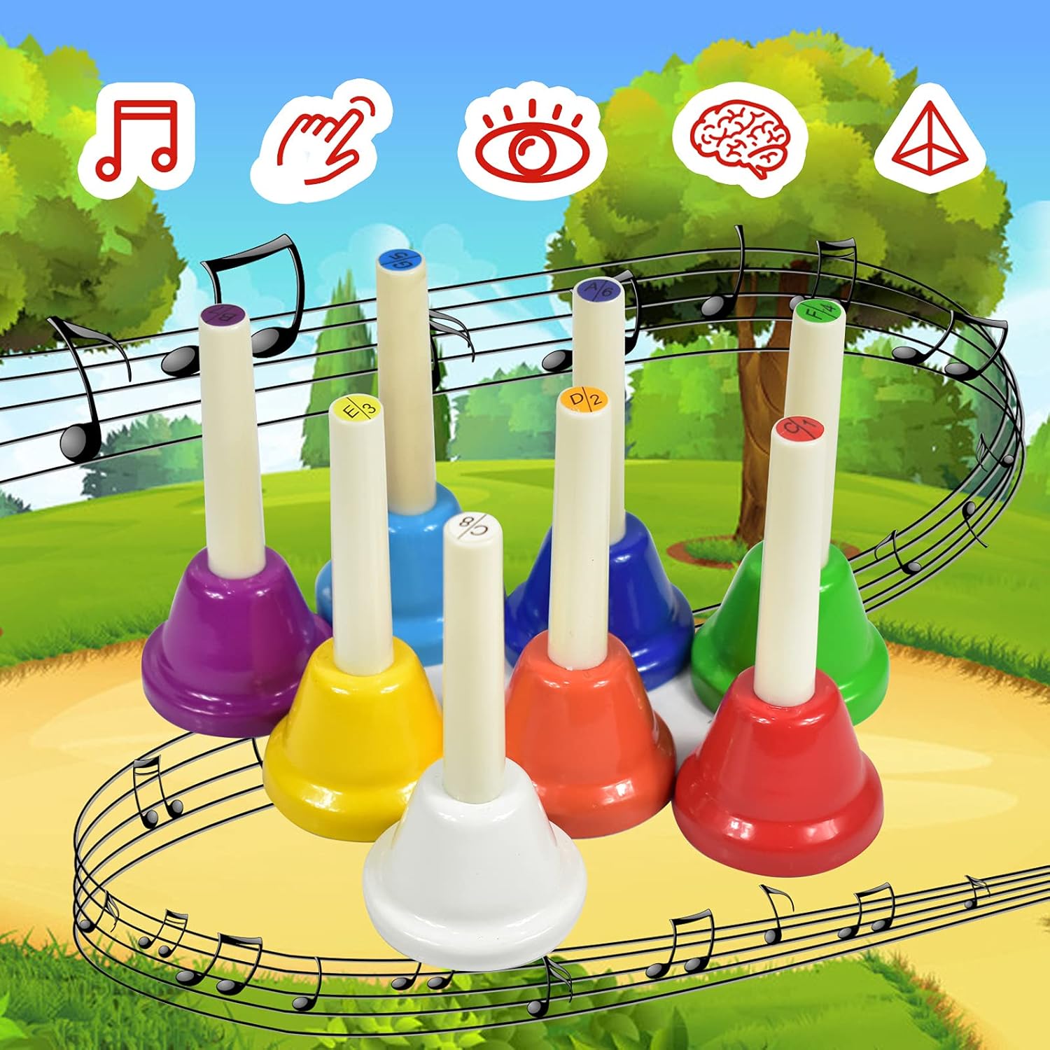 Voodans Mini Hand Bell Set 8 Note Metal Handbells Set Colorful Diatonic Musical Bells for School Church Wedding : Musical Instruments