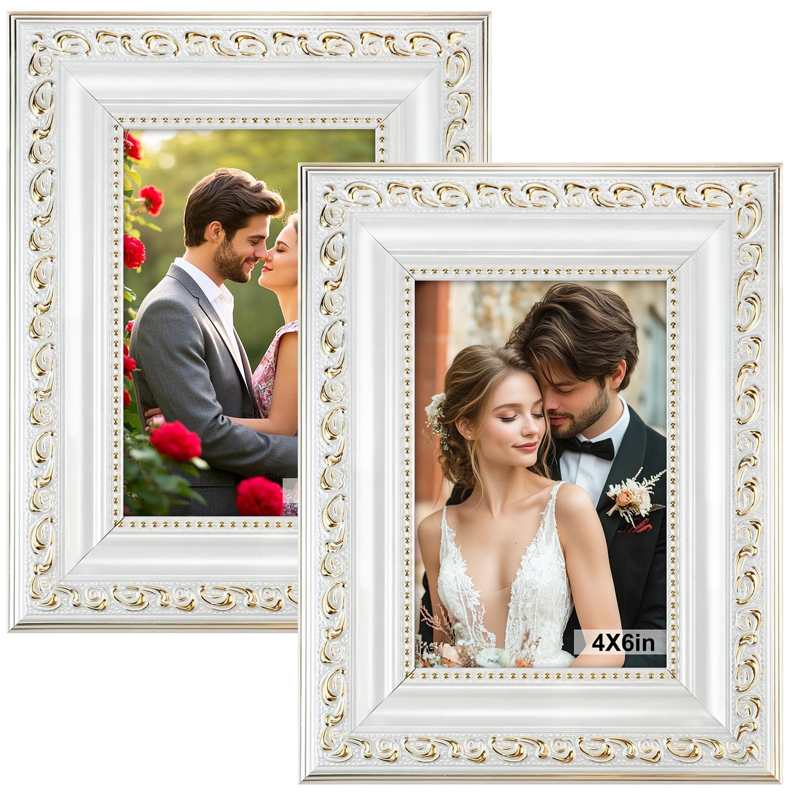 6x4 Picture Frames - 2PCS 4x6 Vintage Picture Frames Stand Free-standing Horizontally & Vertically Vintage Photo Frames for Home Office Living Room Décor (White)