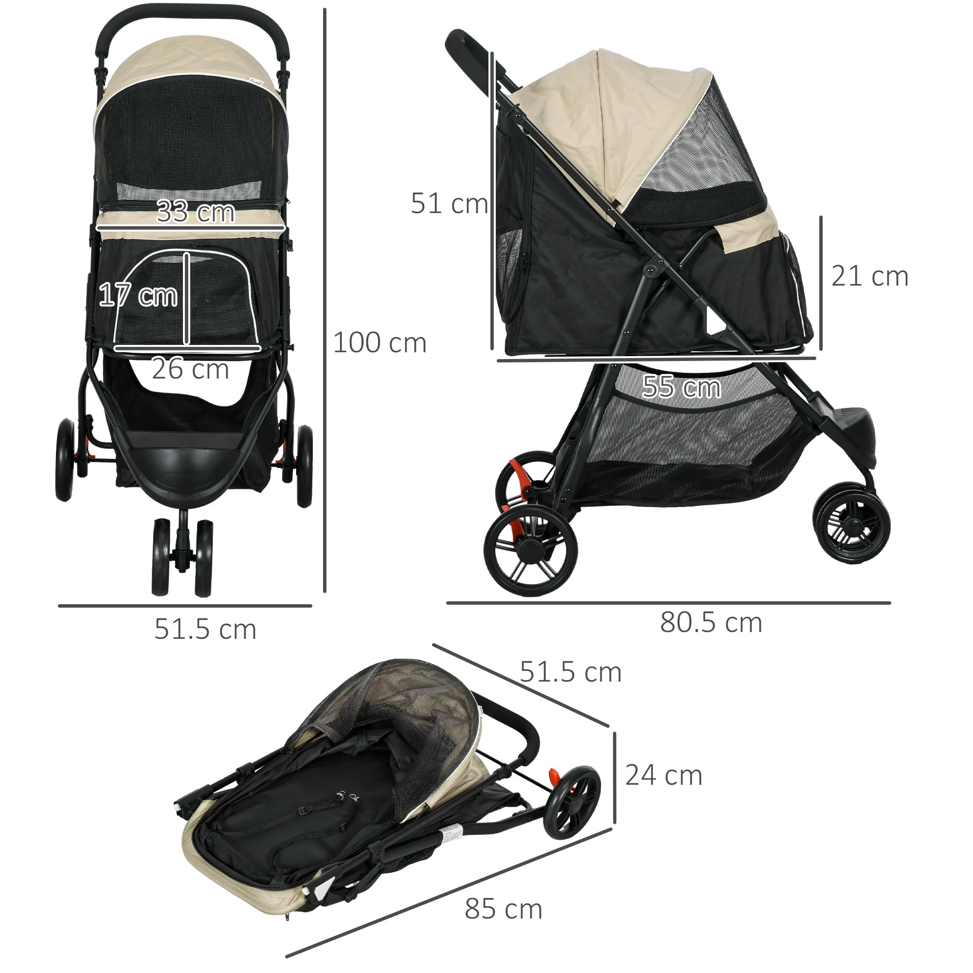 PawHut Passeggino per Cani Piccoli e Mini a 3 Ruote, Passeggino per Animali Pieghevole con Copertura Antipioggia, Cestino e Guinzaglio, Cachi