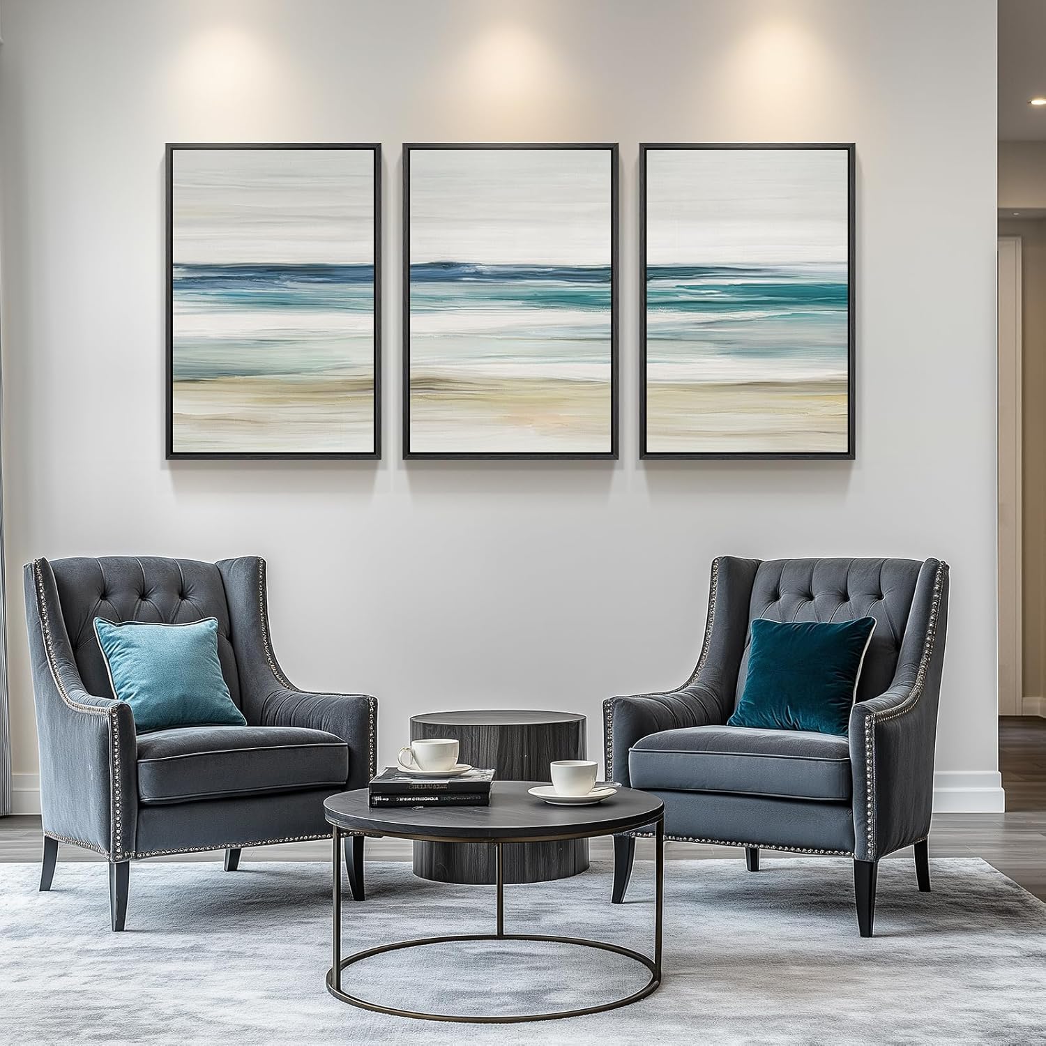 lianyibo Abstract Coastal Wall Art Large Blue Coastal Landscape Decor Minimalist Beach Ocean Canvas Prints for Living Room(60x80cmx3/Frameless)