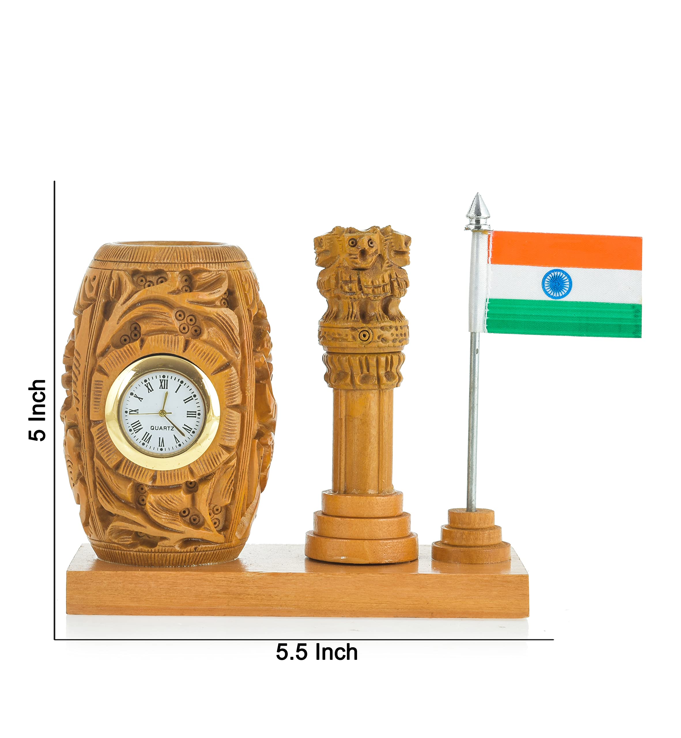Kaka jiji Handicraft Stylish 5 Inches Wooden Pen stand with Clock Ashok Stamb for office/study table decoration items I Brown Color Pen/Pencil Holder Pack of 1 II Teachers Day Gifting (5 Inches) 4