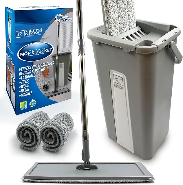 Floor Mop and Bucket Set Easy Squeeze Mop Bucket, Flat Mop with 2-Pack Replacement Microfibre Mop Pads for All Floors Types