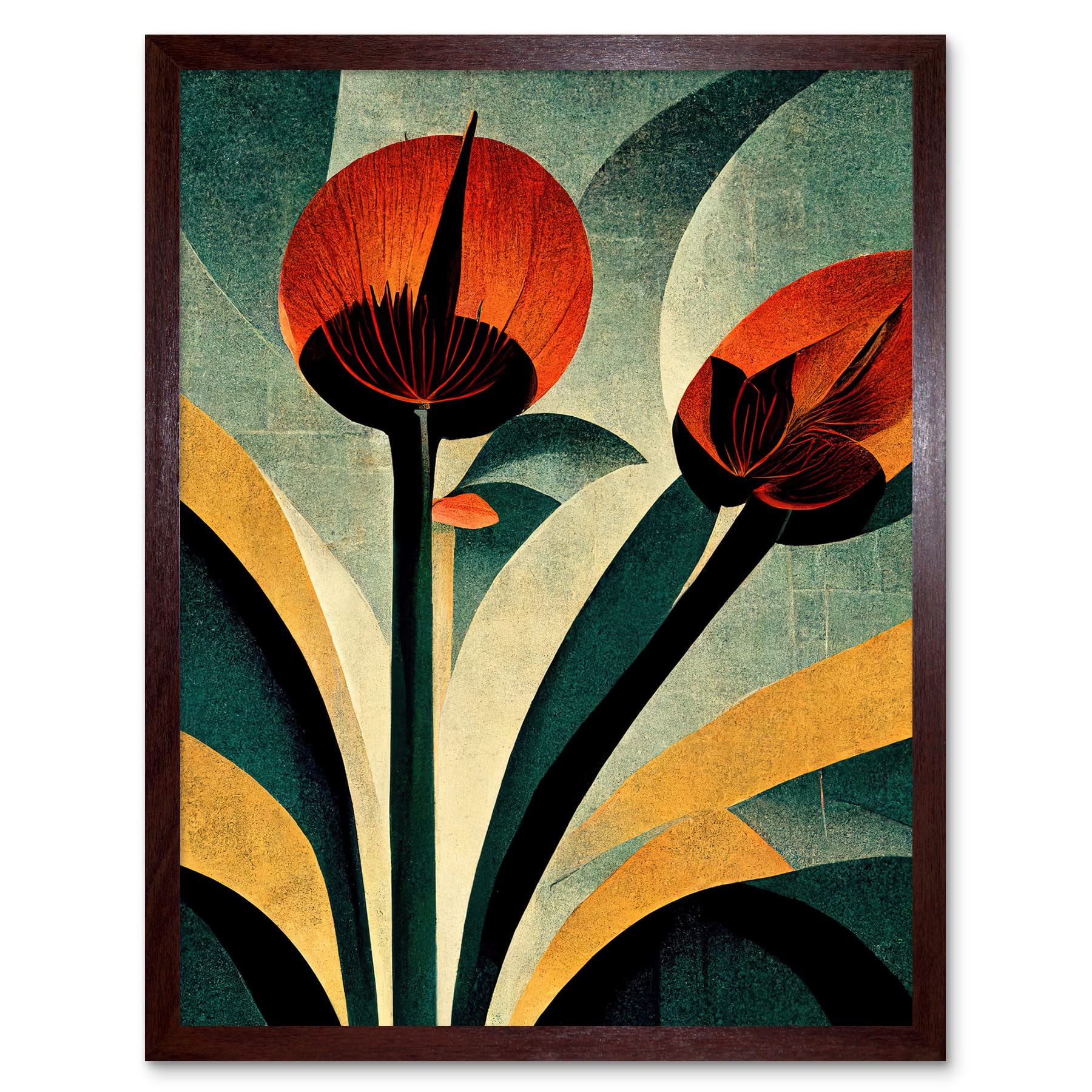 Wee Blue Coo Framed Brown 12X16 Single Art Deco Flower Painting Coral Navy Green Beige Art Print Framed Poster Wall Decor 12X16 Inch