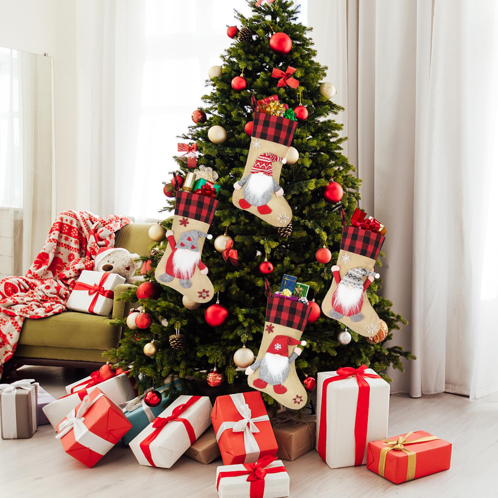 KHOYIME Christmas Stockings 4 Pack,18.5 Inch 3D Gnomes Santa Christmas Stockings with Red and Black Burlap Plaid Christmas Decorations for Family Holiday Fireplace Hanging Christmas Party Decor