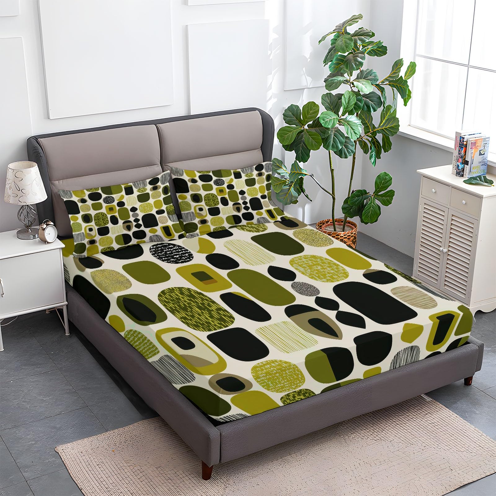 Drap-Housse Microfibre Doux 160 x 200 cm Blocs Géométriques De Style Médiéval Housse de Matelas Respirante Anti-Glisse avec 2 Taies d’Oreiller, Grand Bonnet 30cm, Vert Olive