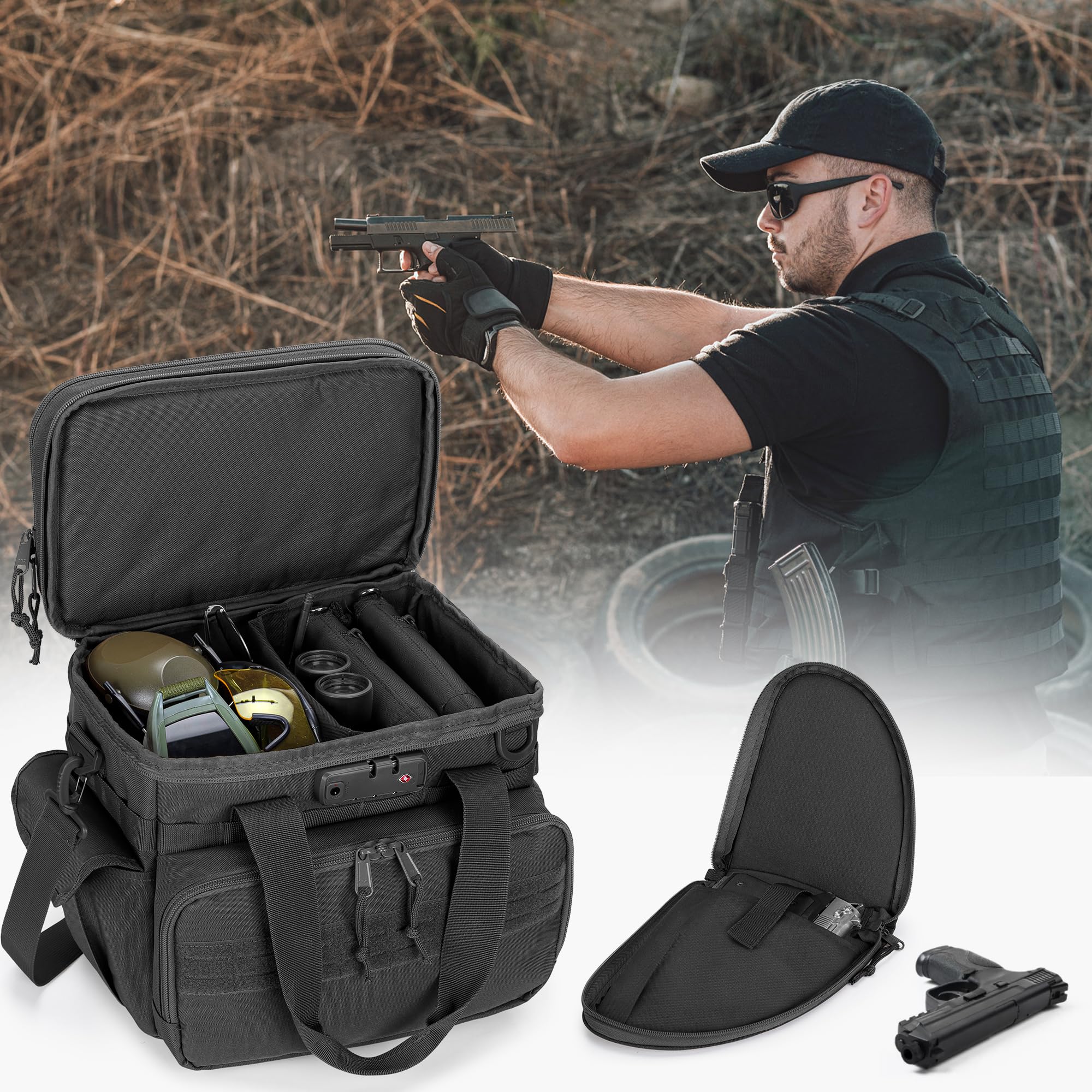 GOBUROS Borsa tattica per tiro con 2 custodie piccole per pistola, borsone per pistola con lucchetto TSA e 12 scomparti per caricatori, multitasche