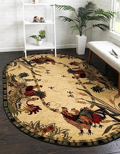 Rugs.com Pastoral Collection - Alfombra ovalada mediana de 3 x 5 pies, color crema, perfecta para salas de estar, comedores grandes, planos abiertos