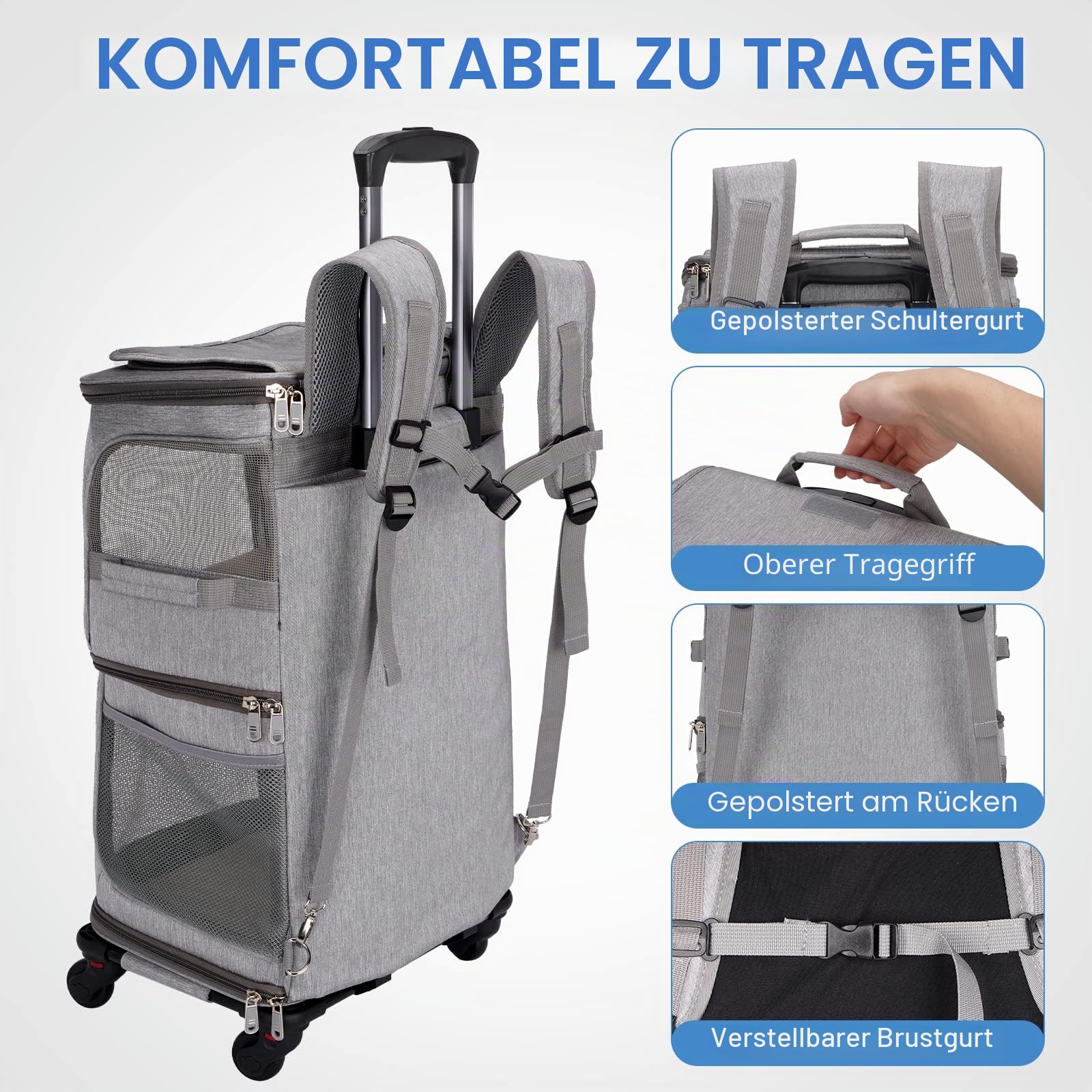 Katzentransportbox für 2 Katzen mit Rollen, transportboxen für 2 Katzen bis 12kg, Faltbarer Katzentransporttasche für 2 kleine Hunde/Kaninchen, Grau