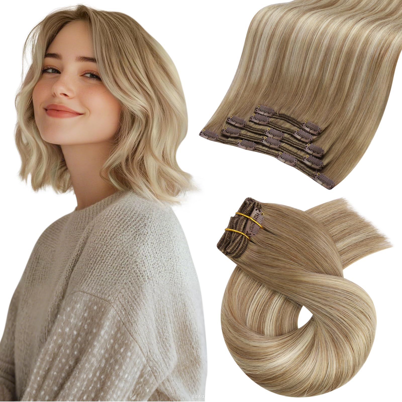 Moresoo Human Hair Extensions Clip in Real Hair Ash Blonde with Bleached Blonde Clip in Hair Extensions Remy Human Mid-length Hair Layered Add Volume 14 Inch 5pcs/80g #P18/613 — view 76