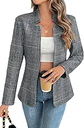 ELLEVEN Blazer feminino xadrez aberto na frente com gola alta para trabalho casual