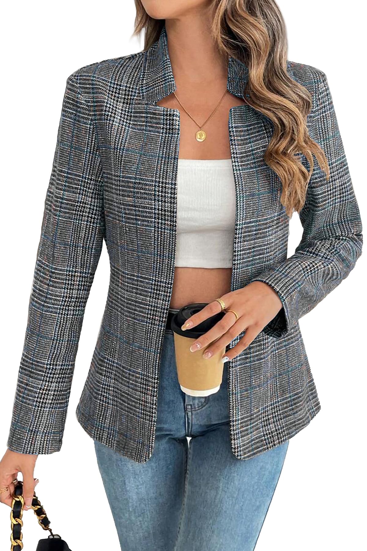ELLEVEN Womens Plaid Blazer Open Front Stand Collar Houndstooth Suit Boyfriends Jacket for Work Casual