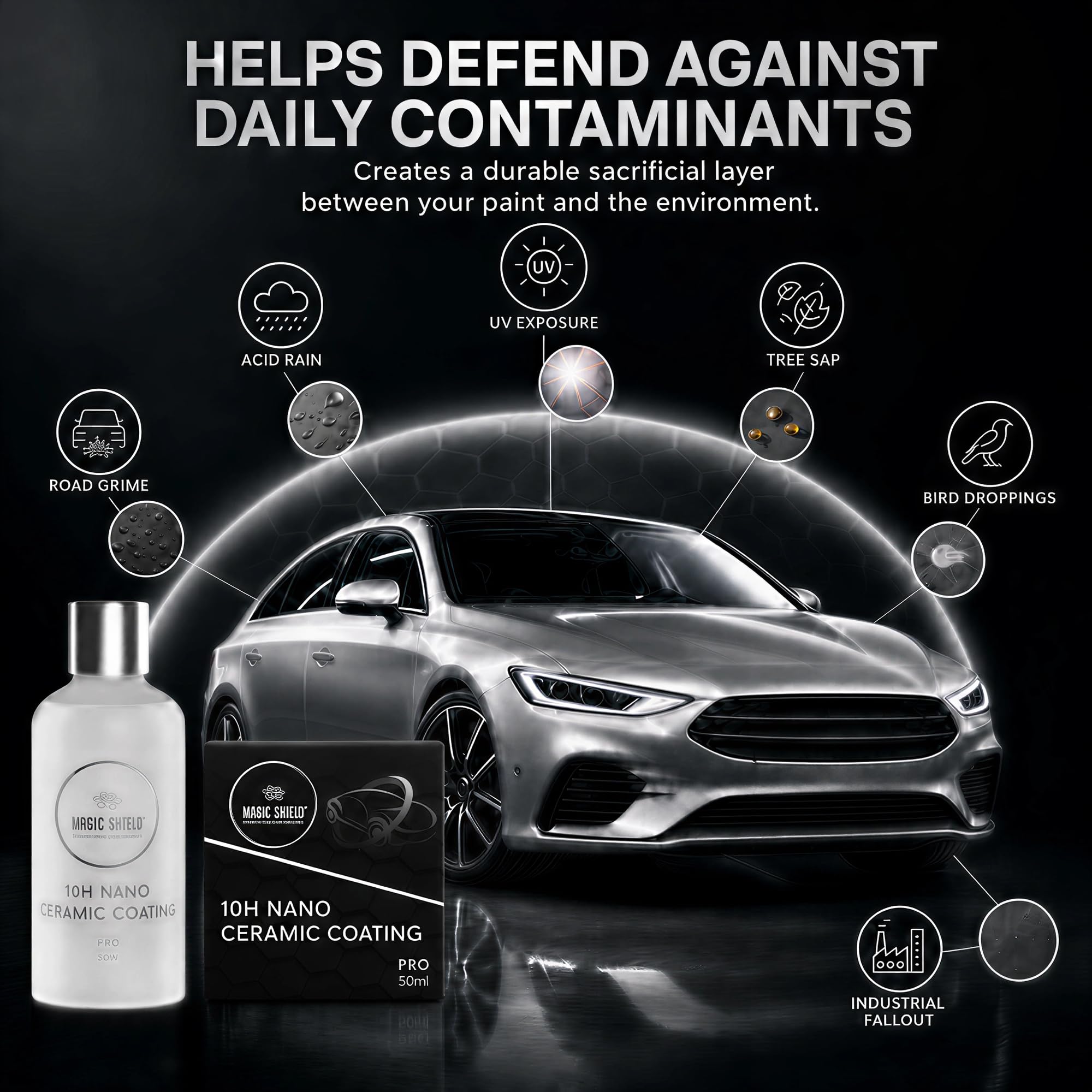 Magic Shield Revestimiento cerámico PRO 10H - Autocuración | Larga duración para más de 2 coches | Protección avanzada de SiO2 | Fácil aplicación | Brillo similar al caramelo | Perfecto para coches,