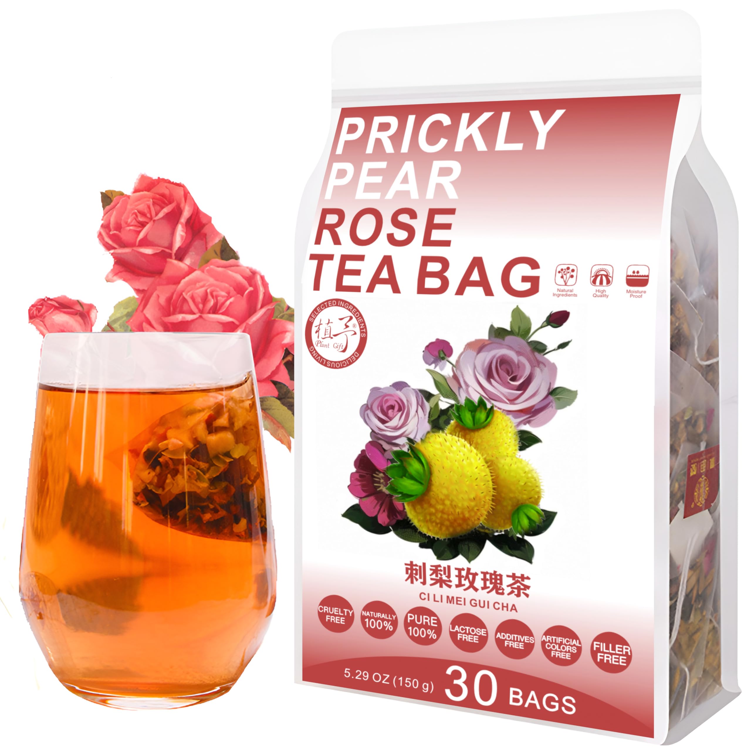 Plant Gift 30 Cups Prickly pear Rose Tea Bag (刺梨玫瑰茶 CI LI MEI GUI CHA) 5.29oz (5g*30bags/150g) Black Wolfberry, Mulberry, Barley Natural Mixed Herbal Combination of Floral Tea