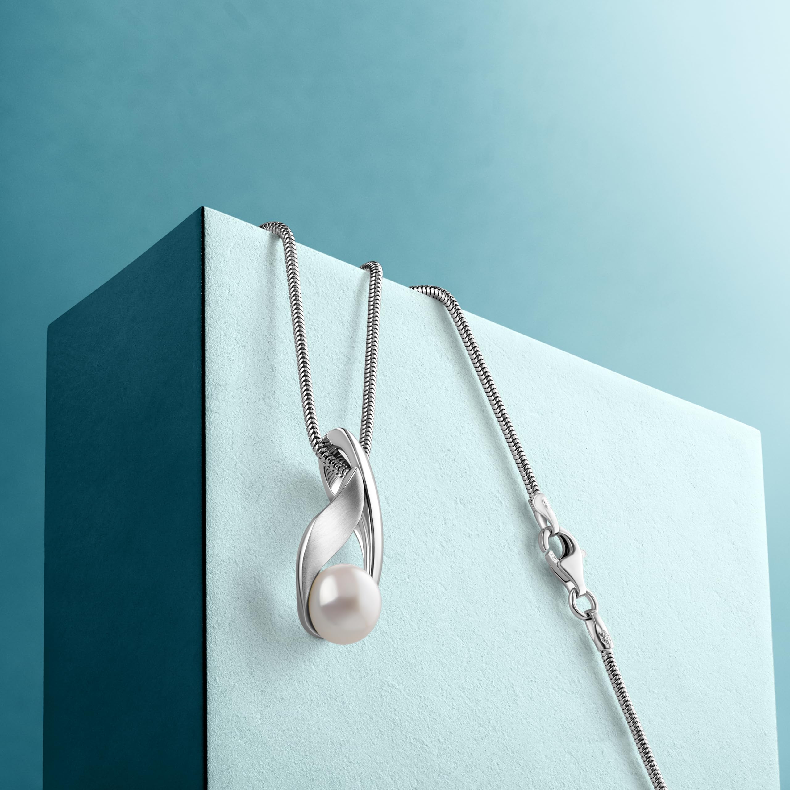 Miore Schmuck Damen, 925 Silber/Silber 18K Vergoldet, Perlenkette Damen, Silberkette mit Perlen Anhänger, Schlangenkette Silber 925 mit Weiße Süßwasserperle, Perlenschmuck in hochwertiger Schmuckbox