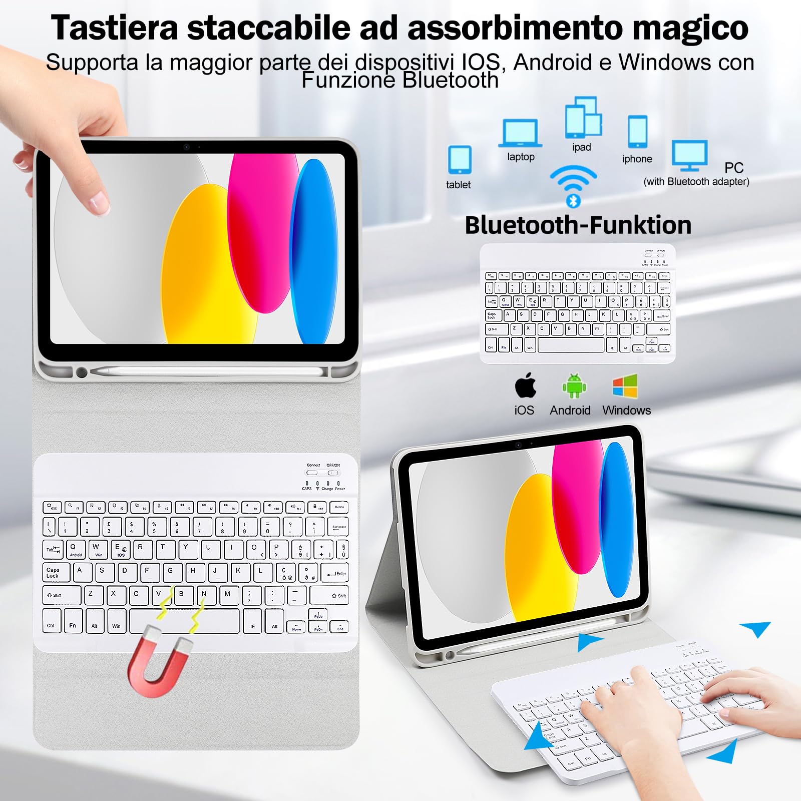 Lupxiu Custodia con Tastiera per iPad 10 Generazione 10.9” 2022/(A16) 11a generazione 11'' 2025, Italiano QWERTY, Tastiera Custodia Wireless Rimovibile per iPad 11/10 Gen-Grigio Bianco