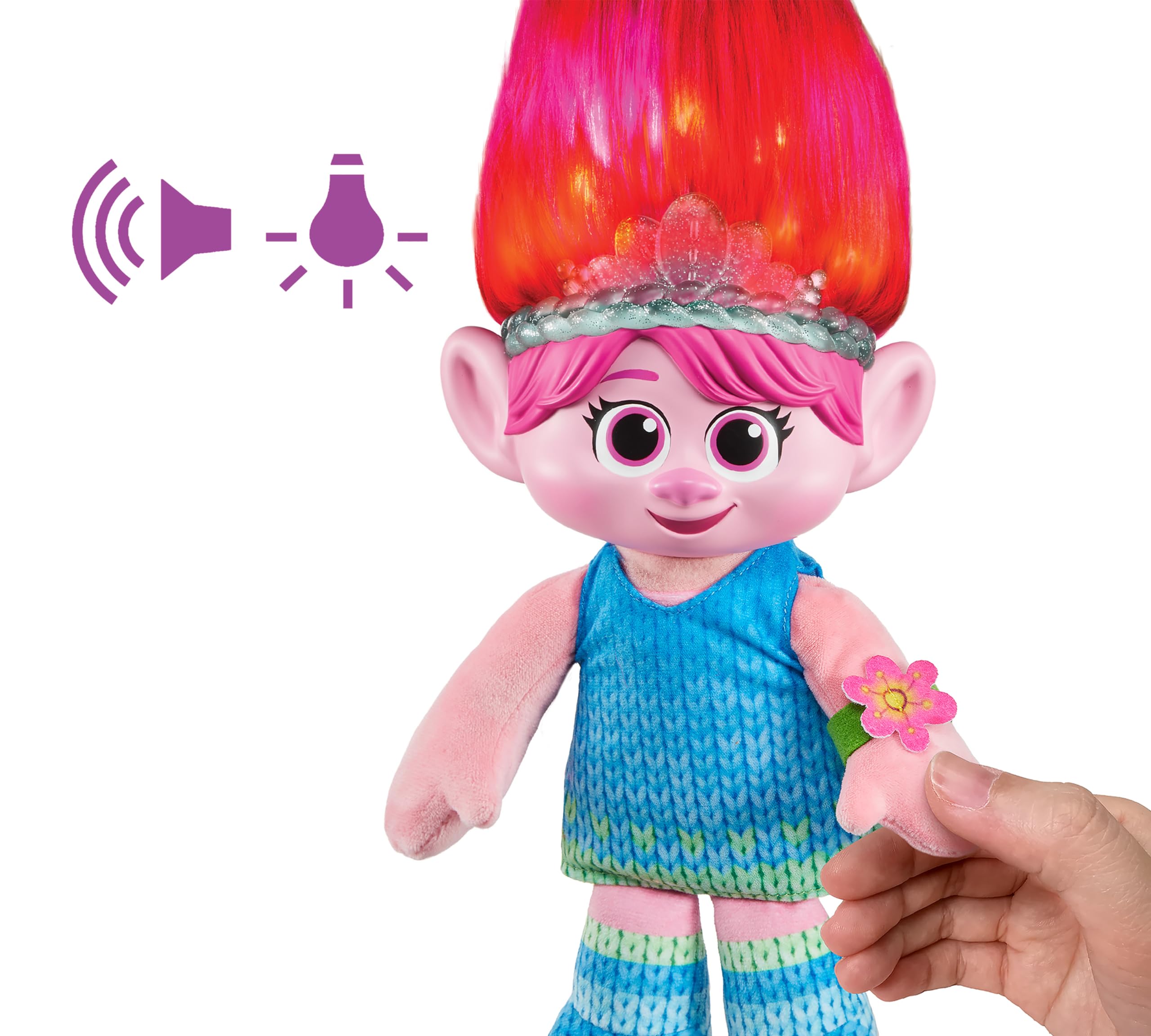 Mattel DREAMWORKS TROLLS Gemeinsam Stark-Haarige Überraschung Königin Poppy Plüschfigur mit Leuchtfunktion und Geräuschen, inklusive Haarklammern und Freundschaftsarmband, ab 3 Jahren, HTM14