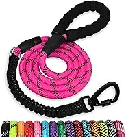 Jenico 5FT Heavy Duty Rope Dog Leash with Bungee Shock Absorber, Reflective Threads, Swivel Lockable Hook & Padded Handle - Pink for All Dogs