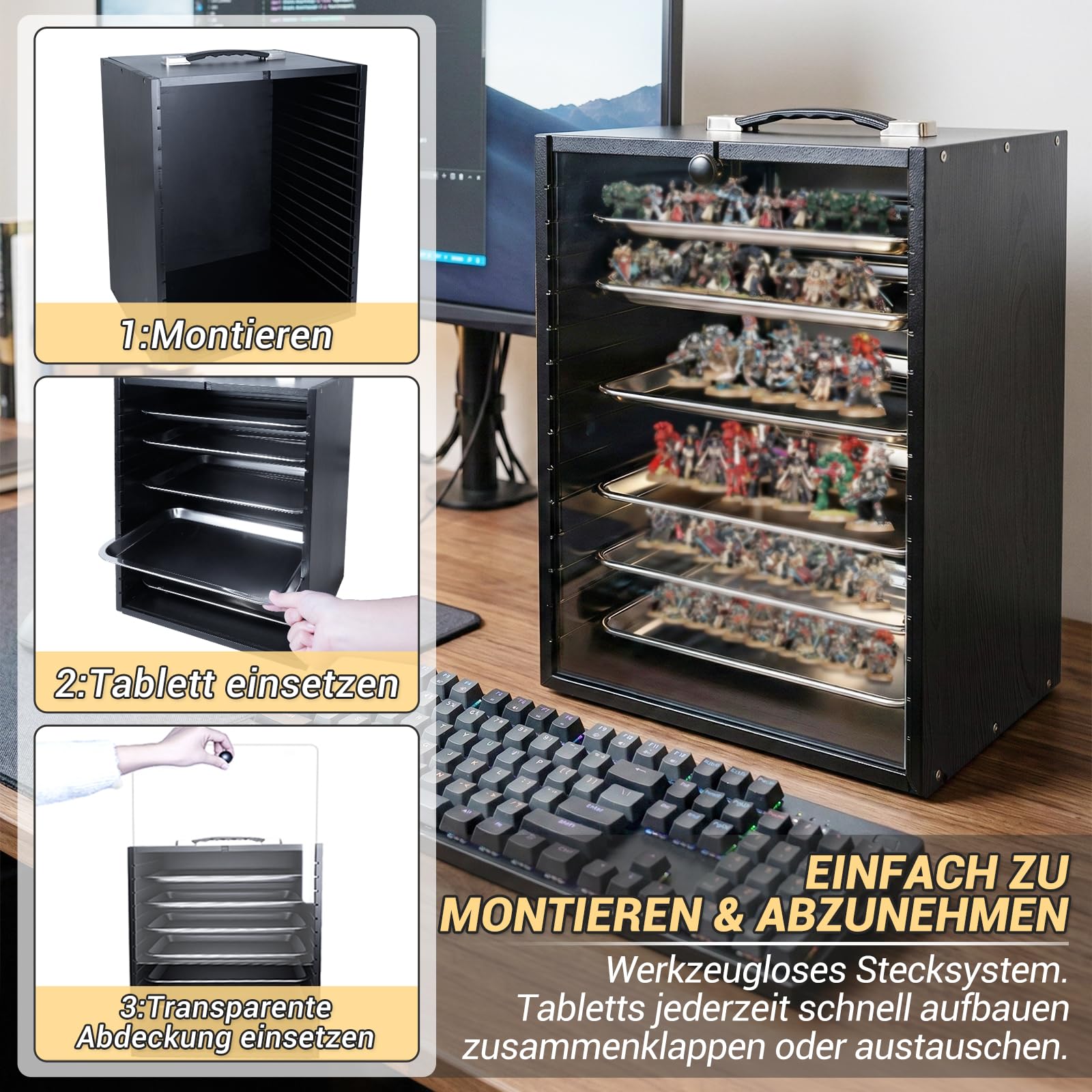 Miniaturen-Transportkoffer für Sammlerstücke, Holz-Miniaturen Aufbewahrungs- und Vitrinenkoffer für Figuren und Actionfiguren, Tragbarer Figuren-Display- und Transportkoffer (Schwarz Figurenbox)