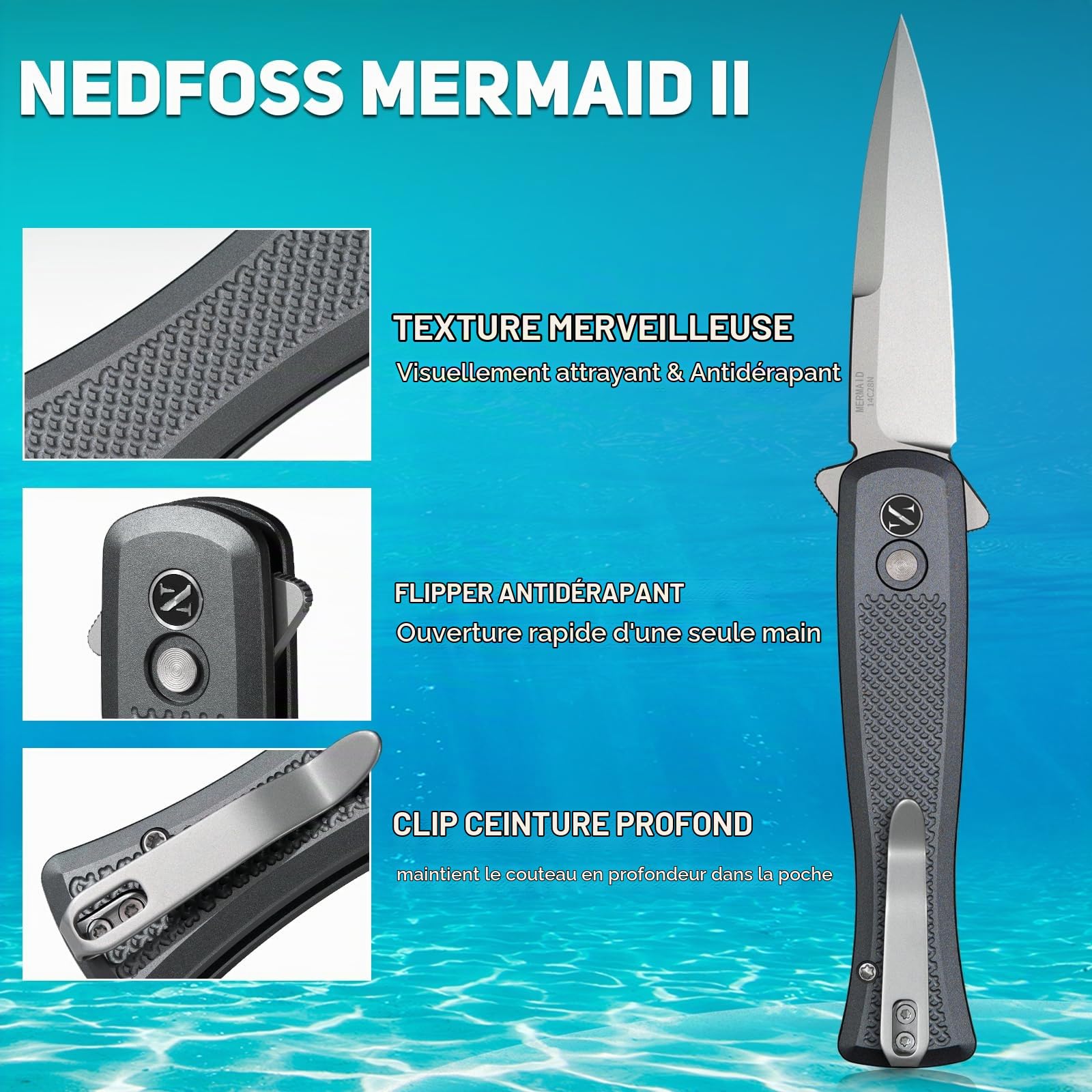 NedFoss MERMAID II couteau pliant, 14C28N acier couteau survie, Longueur lame 7.5 cm, Poignée en aluminium à poids réduit, clip ceinture, button lock, mini couteau de poche