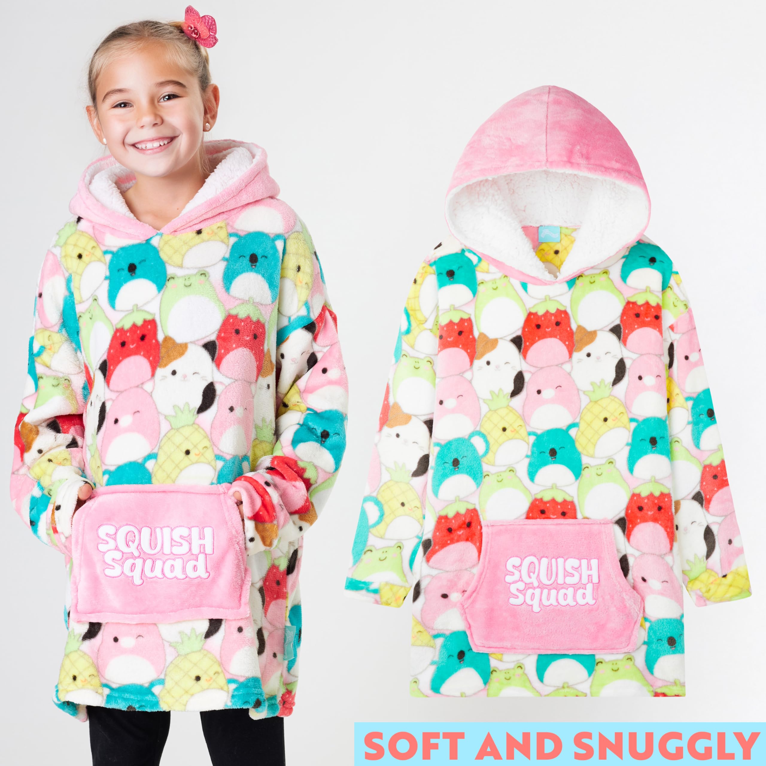 Squishmallows Bluza z kapturem dla dziewczynek w wieku 6-14 lat, śliczny polarowy koc bluza oversize, prezenty dla niej