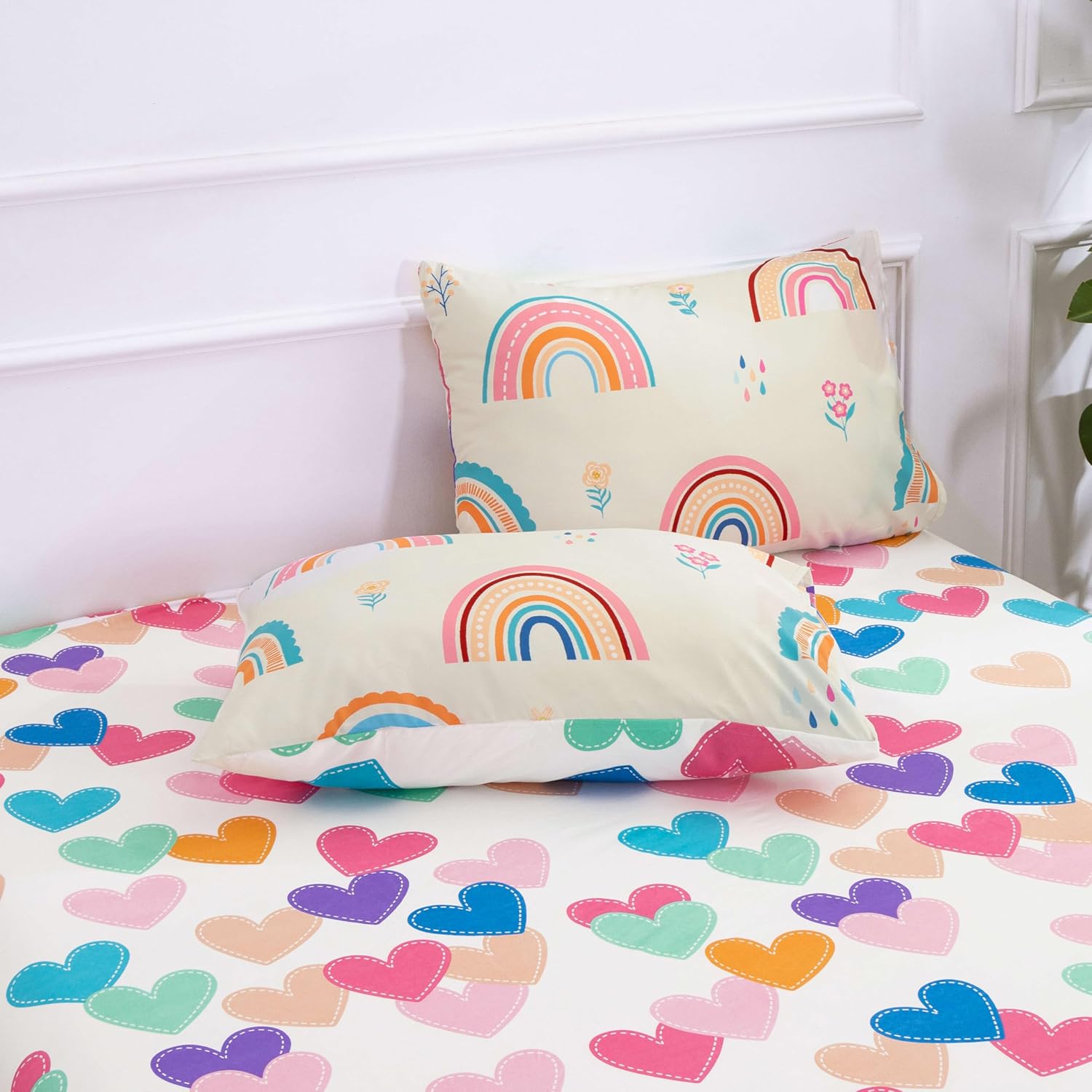 Btargot 5 Piece Multi-Color Rainbow Comforter Set for Girls Boys Kids, Full Size Cartoon Love Hearts Flowers and Sun Star Bedding Set, Bed in a Bag with Comforter, Sheets and Pillowcases