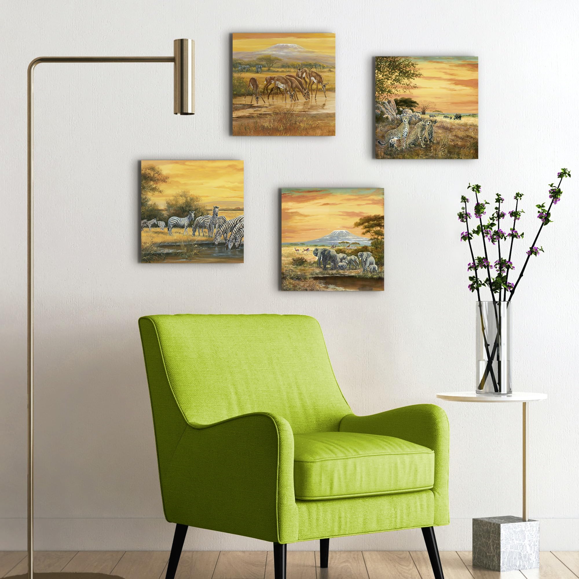 ARTLAND Wanddeko Leinwand Bilder Set 4tlg. je 40x40 cm Quadratisch Wandbilder Tiermotive Geparden Elefanten Zebras Steppe Afrika K2KL