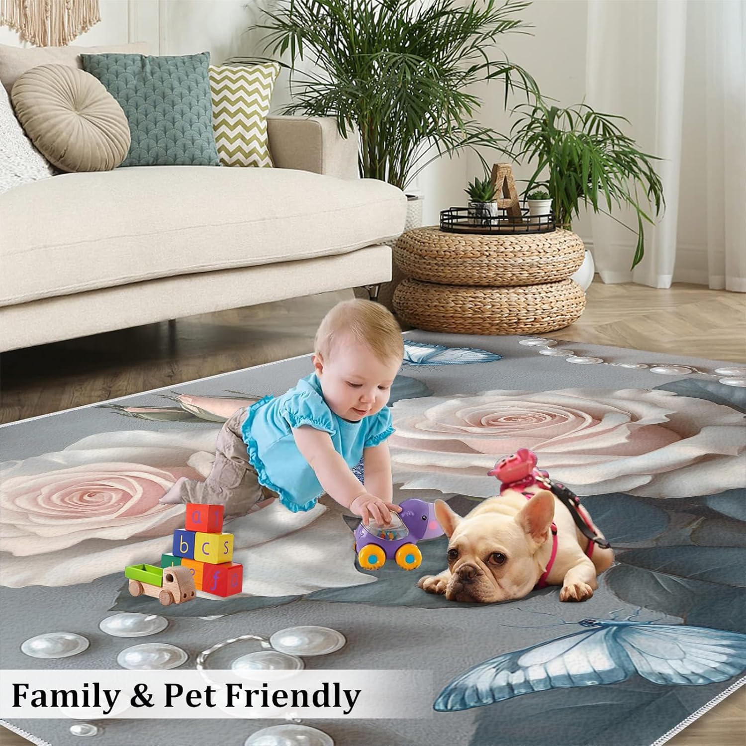 Pink Rose Area Rugs for Living Room - 3x5 Rug, Nordic Light Luxury Area Rug, Flower Washable Non Slip Rugs, Butterfly Carpet, Girls Room Carpet - Rose Home Decor & Gifts