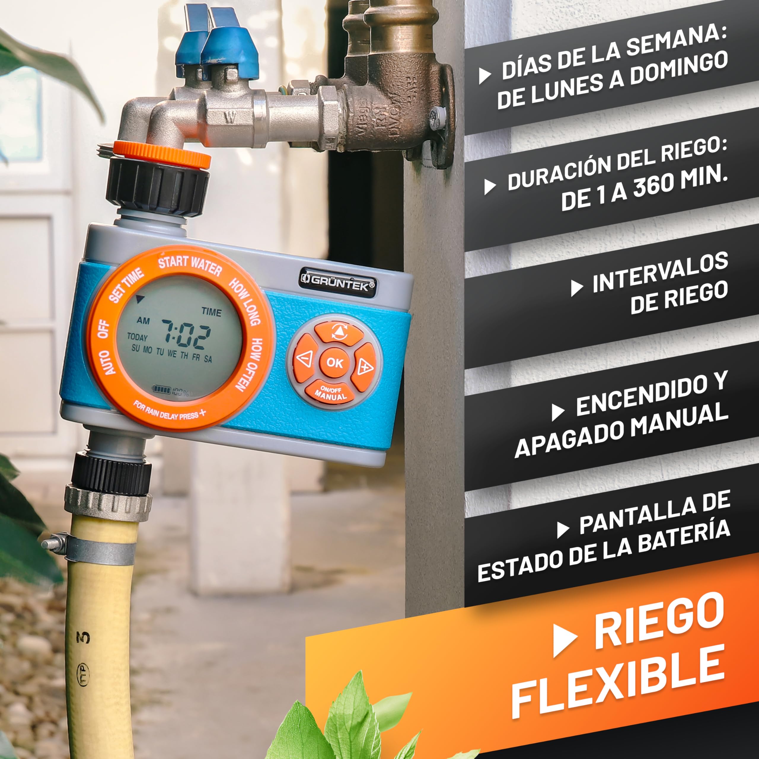 GRÜNTEK Programador de Riego Jardín con Temporizador Automático - Aspersor con Programa multifunción y duración de 1 a 360 min. Gris, naranja, Azul