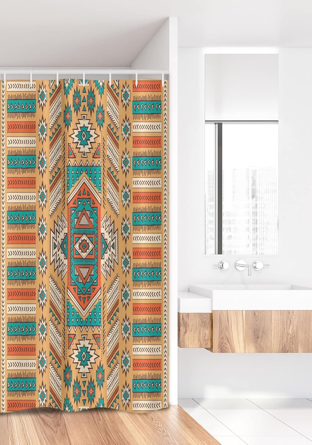 Ambesonne Tribal Stall Shower Curtain, Secret Tribe Pattern in Bohemian Style, Fabric Bathroom Decor Set with Hooks, 36" W x 72" L, Apricot Orange and Teal