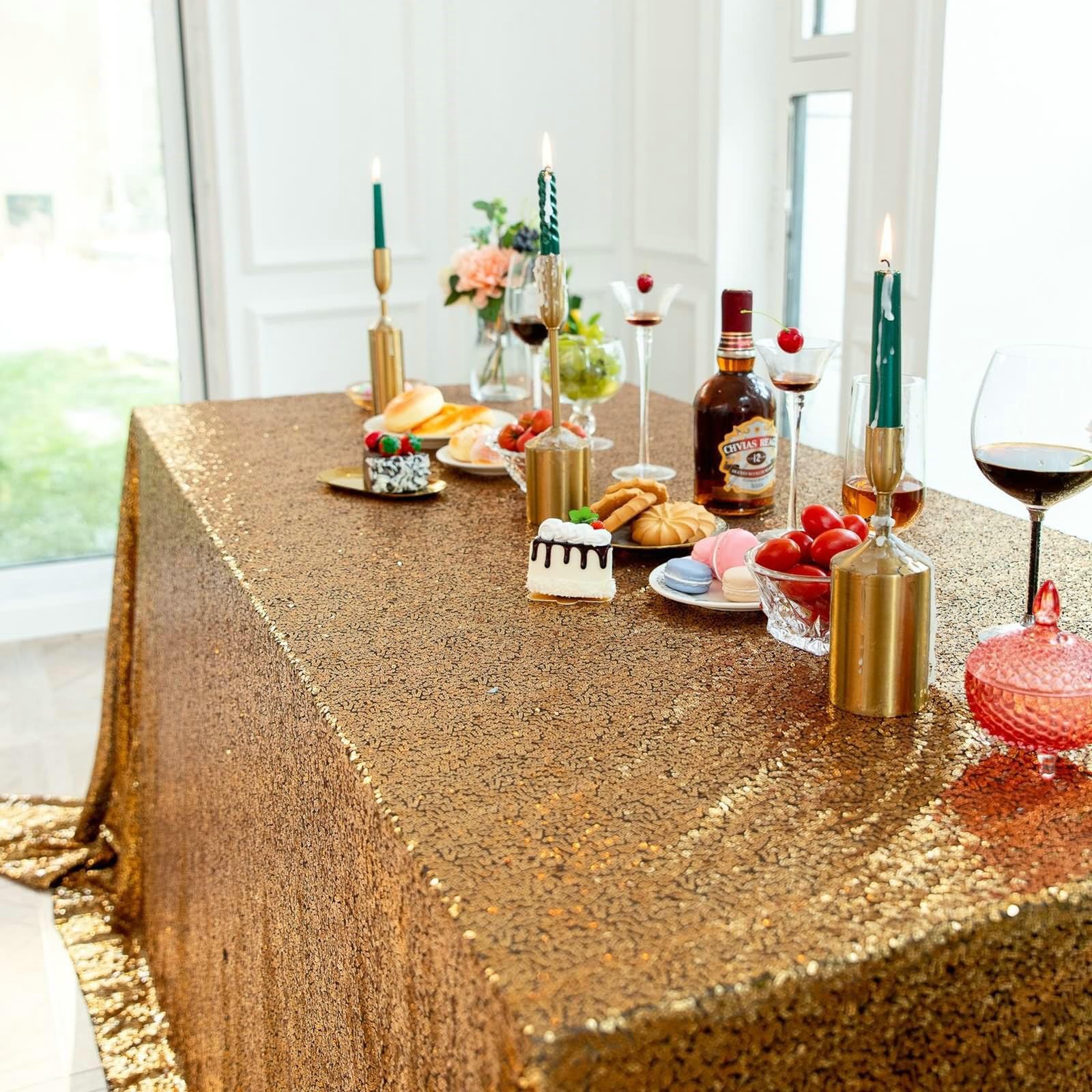 Gualiy Manteles Tela Mesa Rectangular, Poliéster Mantel de Fiesta 153x260CM Mantel Antimanchas Salon Lentejuelas de Color Sólido Manteles para Mesa Cocina, Oro Negro