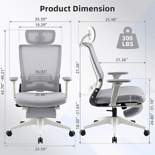 Miniatura 3 de Silla de oficina ergonómica plegable con reposapiés, silla de computadora de respaldo alto con reposacabezas 2D, respaldo de malla, asiento de