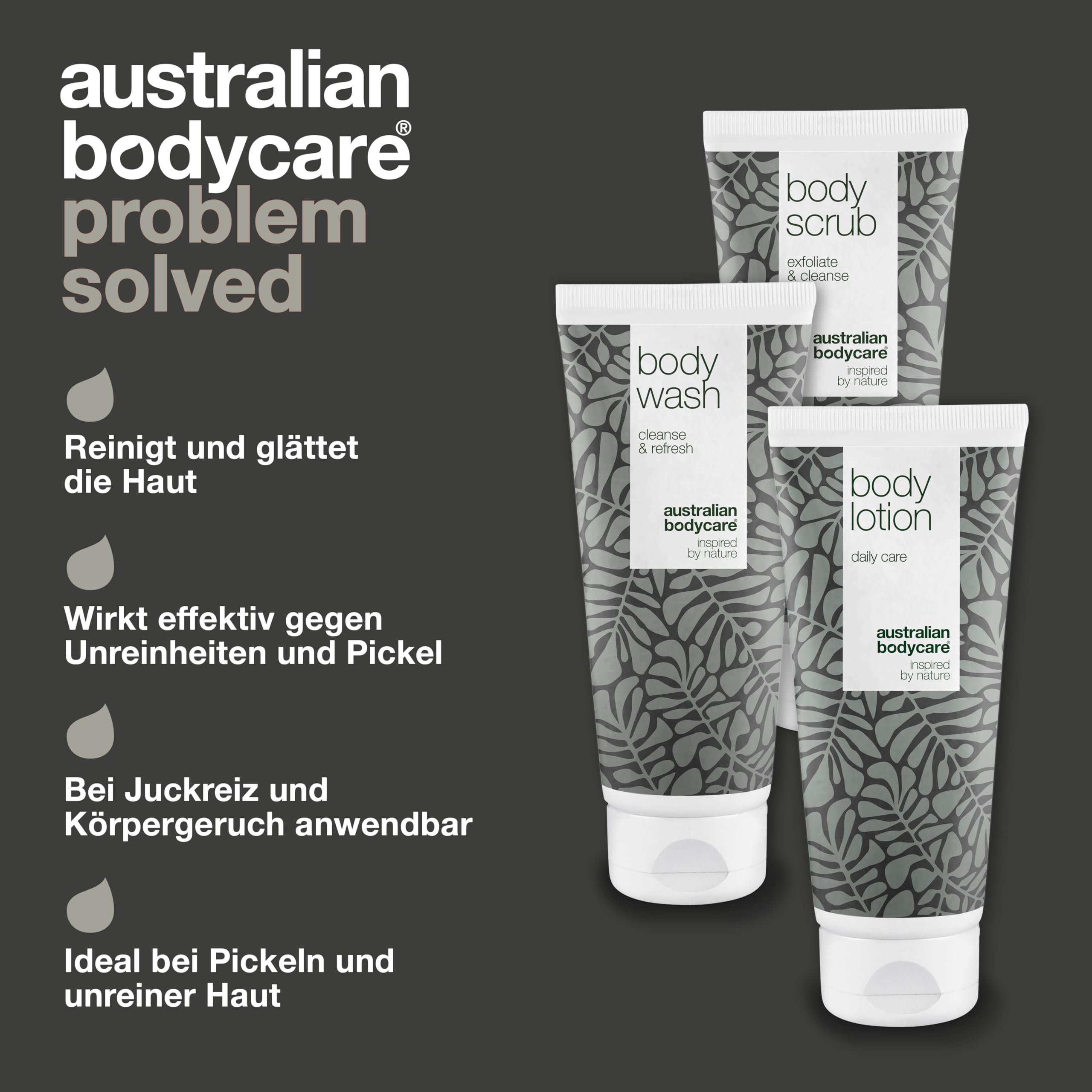 Australian Bodycare Set gegen Pickel auf dem Rücken | Teebaumöl Körperpeeling, Duschgel & Bodylotion bei unreiner Haut & gegen Pickel am Po | Auch gegen Juckreiz am ganzen Körper | 100% Vegan