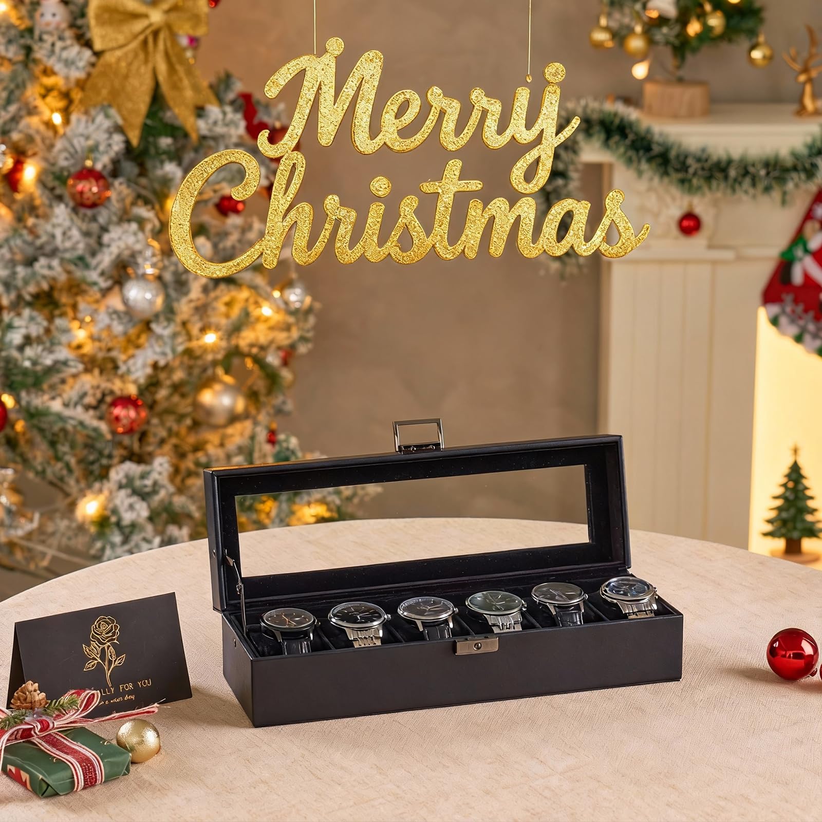 Scatola porta orologi a 6 scomparti per uomo, organizer per orologi da uomo in pelle PU con morbido cuscino, contenitore per collezione di orologi con chiusura a chiave e coperchio in vetro,