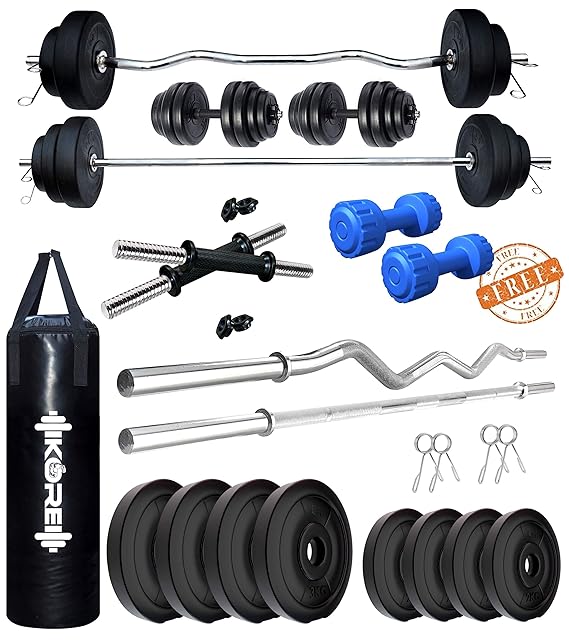 Kore PVC 20 Kg Combo 343 Wb-Wa with Unfilled Punching Bag & PVC Dumbbells Home Gym Kit, Multicolour