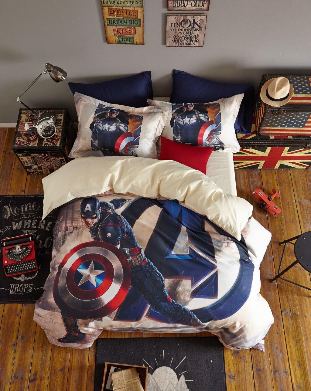 Haru Homie Luxurious 100% Cotton Duvet Cover 3D Captain America Kids Reversible Bedding Set with Zipper Closure - Comfortable, Fade Resistant and Extremely Durable, Full/Queen(No Comforter)