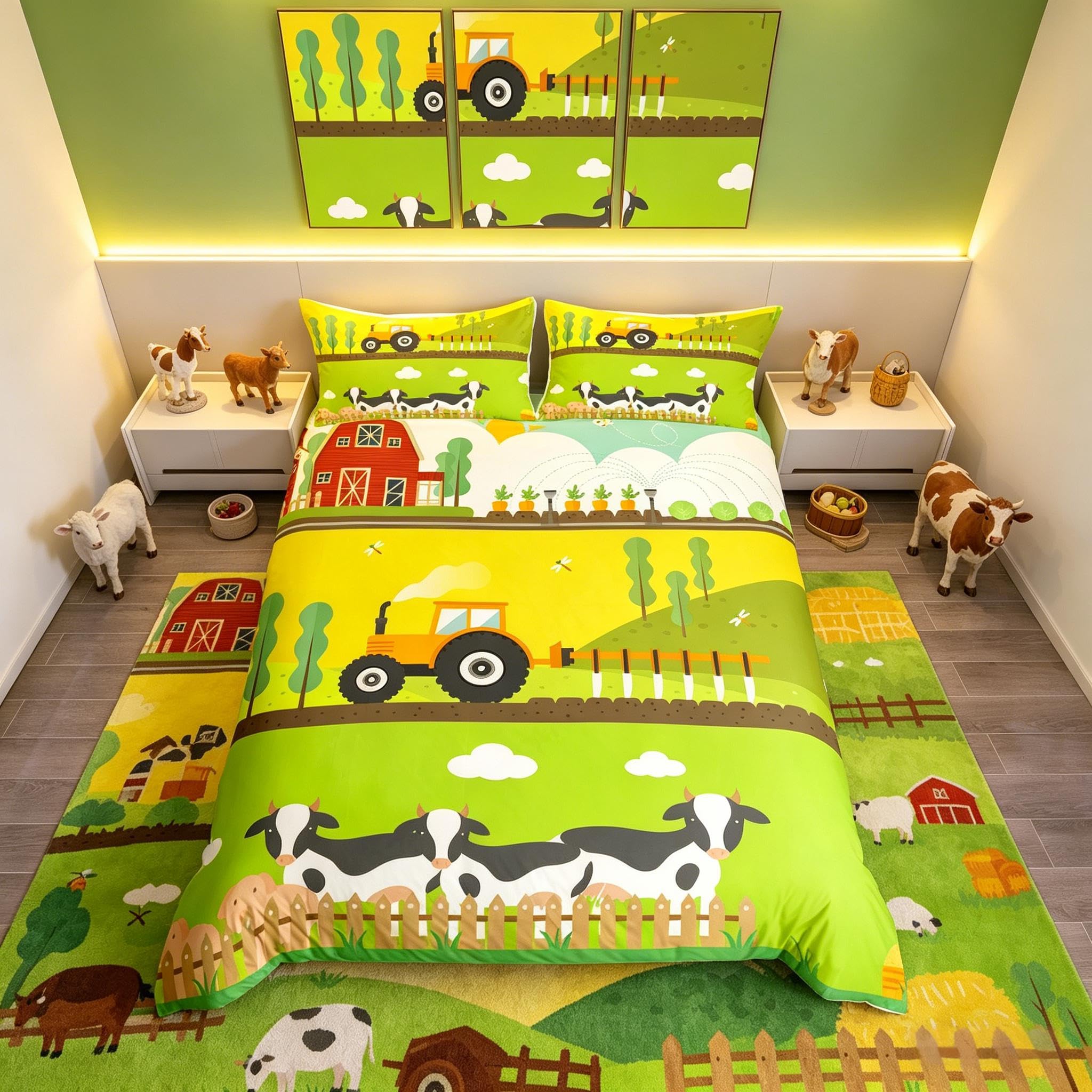 Loussiesd Toddler Cute Cows Bedding Set for Girls Boys Child Kids Cartoon Tractor Comforter Cover Kawaii Pigs Colorful Natural Scenery Duvet Cover Farmhouse Country Style Bedspread Cover Double Size — image 1