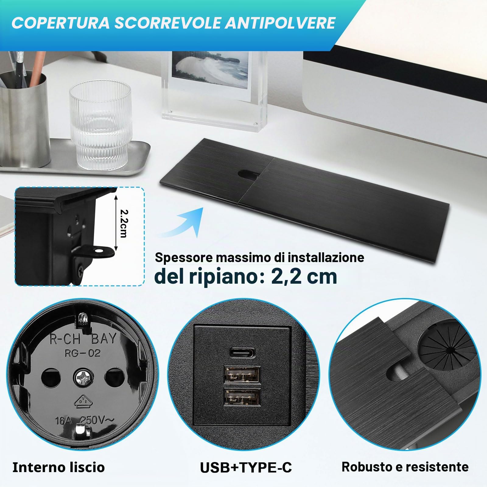 Ciabatta elettrica da incasso a scomparsa, 2 scomparti con USB C | e coperchio scorrevole, presa da tavolo, presa a scomparsa, per scrivania, cucina, ufficio, tavolo da conferenza