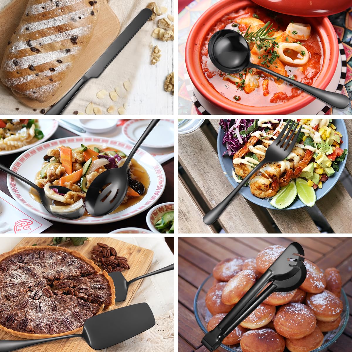 AARAINBOW Set di 8 utensili da servizio, grandi posate a buffet, con cucchiaio, in acciaio inox, per insalate, torte, posate da insalata, per feste, banchetti (8 nero)
