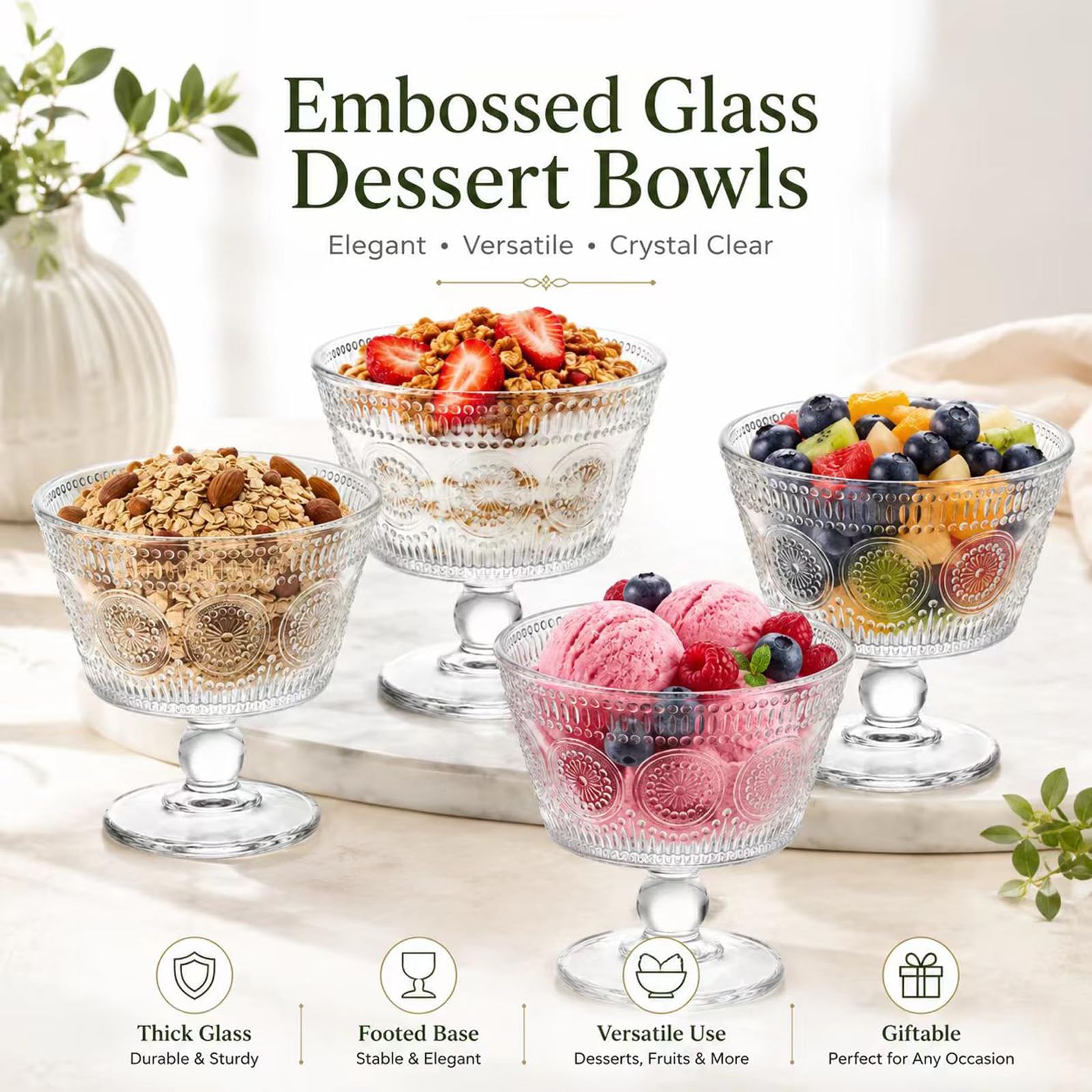 Set di 4 ciotole da dessert per crema ghiacciata, 170 g, in vetro con base pesante, tazze vintage per snack e bevande (4 pezzi)