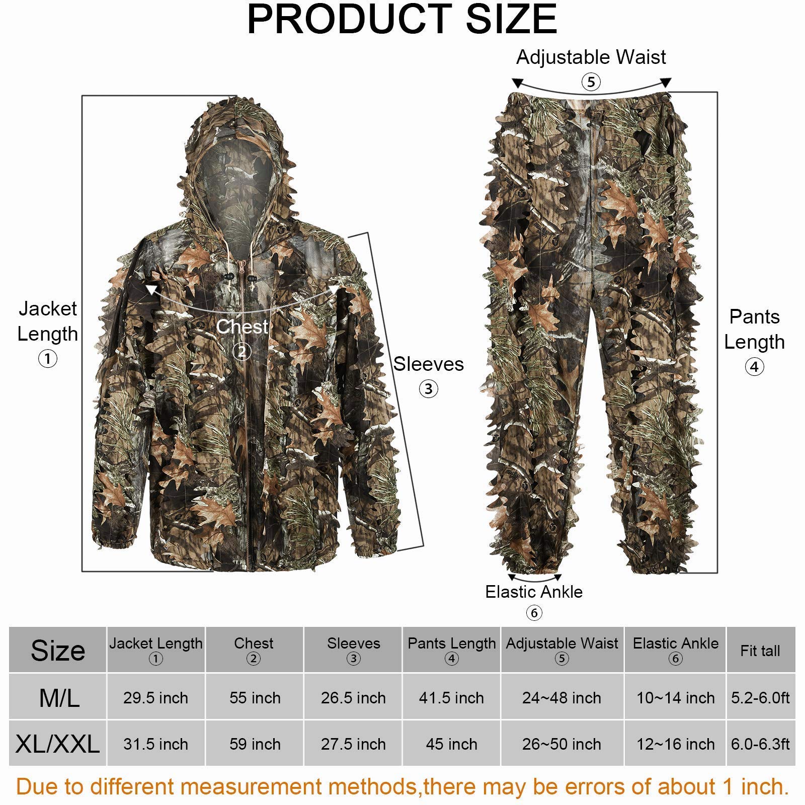 LOOGU 3D-Ghillie-Anzug mit Blättern, leicht, Camouflage-Anzug für Erwachsene, ideal für Airsoft, Jagd, Tierfotografie, Vogelbeobachtung, Halloween, Schießen…