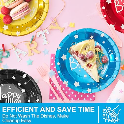 Miniatura 10 de Platos de papel de fiesta de feliz cumpleaños, platos de postre azules, 7 pulgadas, 50 unidades, decoración de fiesta de cumpleaños de lunares