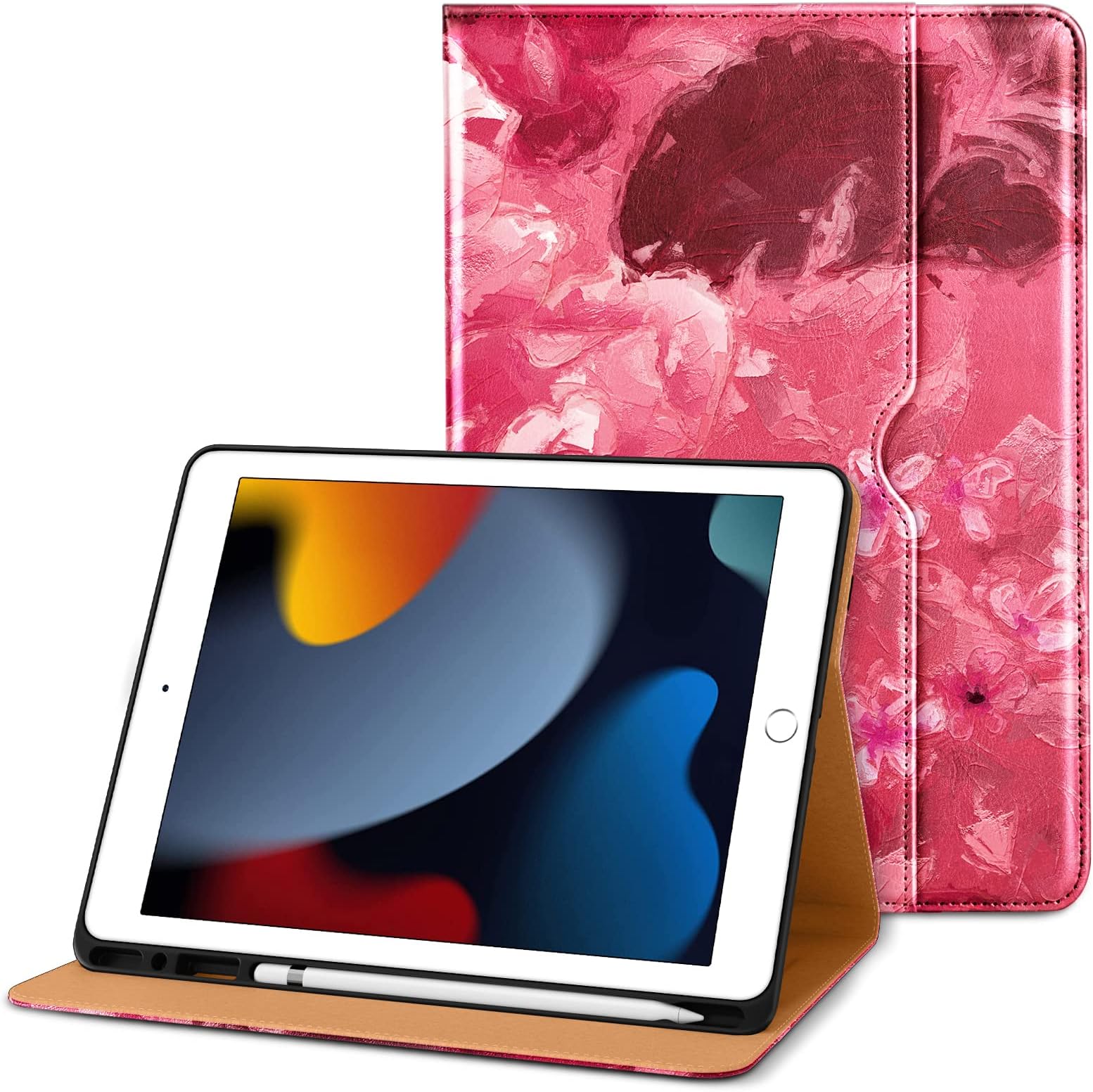DTTO for iPad 9th/8th/7th Generation 10.2 Inch Case 2021/2020/2019, Premium Leather Business Folio Stand Cover with Apple Pencil Holder-Auto Wake/Sleep and Multiple Viewing Angles, Watercolor Flowers