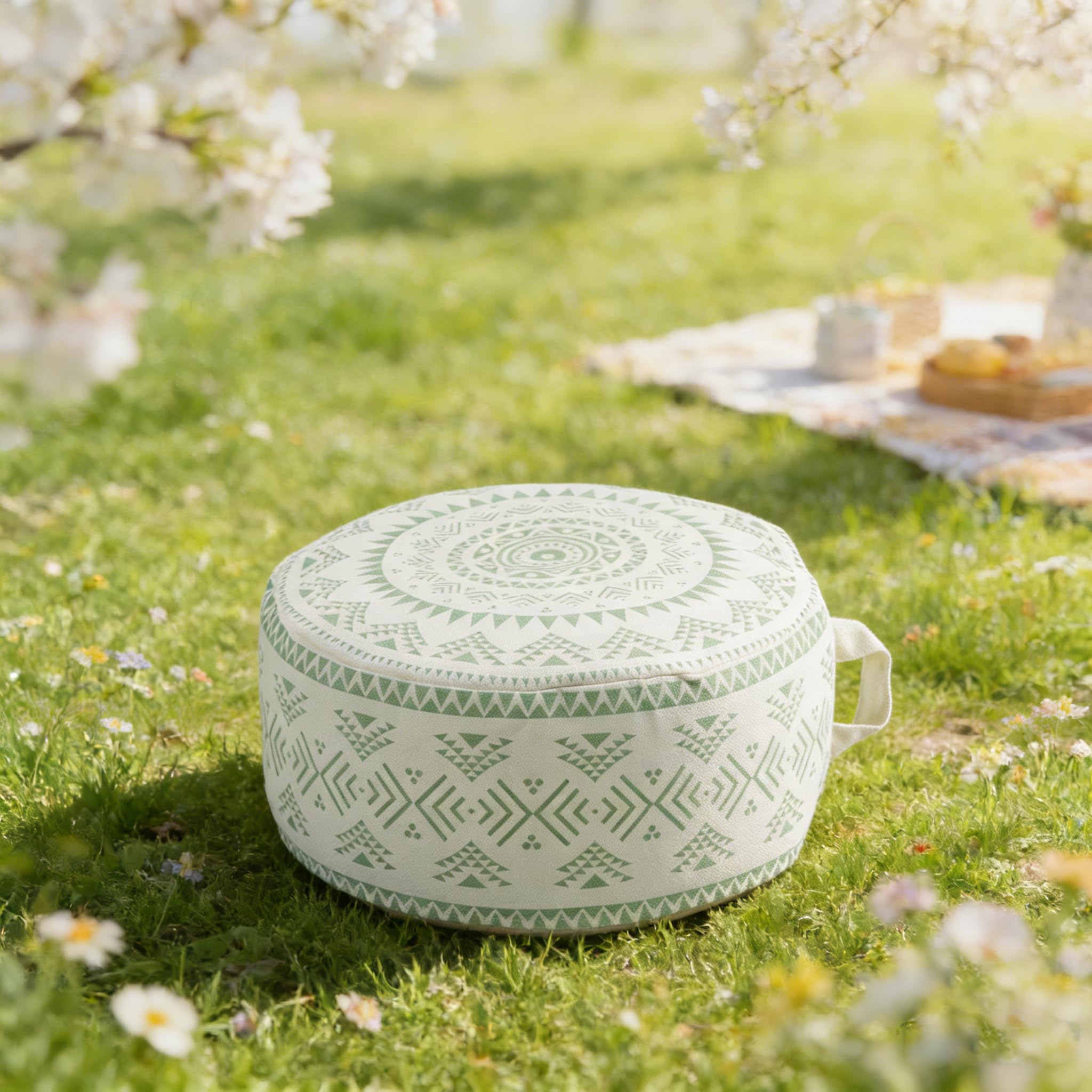 MOCOFO Kolorowy geometryczny okrągły pokrowiec otomana w stylu boho niewyściełana z uchwytem, dekoracyjny podnóżek do salonu sypialni patio (zielony, 45 x 45 x 20 cm)