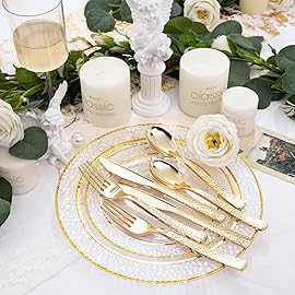 Nervure 300PCS Gold Hammered Plastic Silverware - Heavy Duty Plastic Cutlery - Gold Disposable Utensils Includes 100 Forks, 100 Knives, 100 Spoons Perfect for Wedding & Party